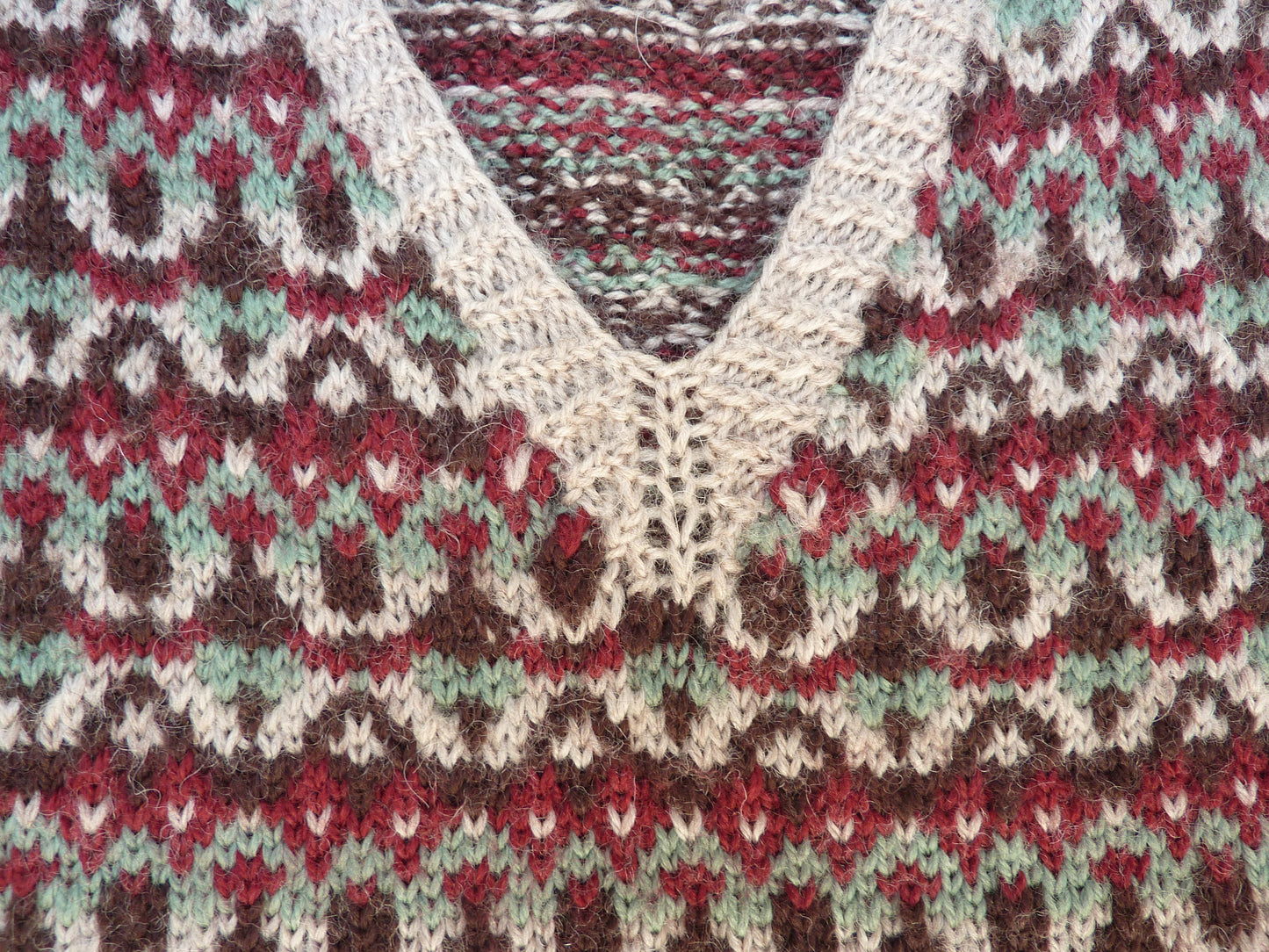 Vintage Mens Hand Knitted Fair Isle Slipover Sweater Vest Green Brown Burgundy 1970s 1980s Fairisle Tank Top