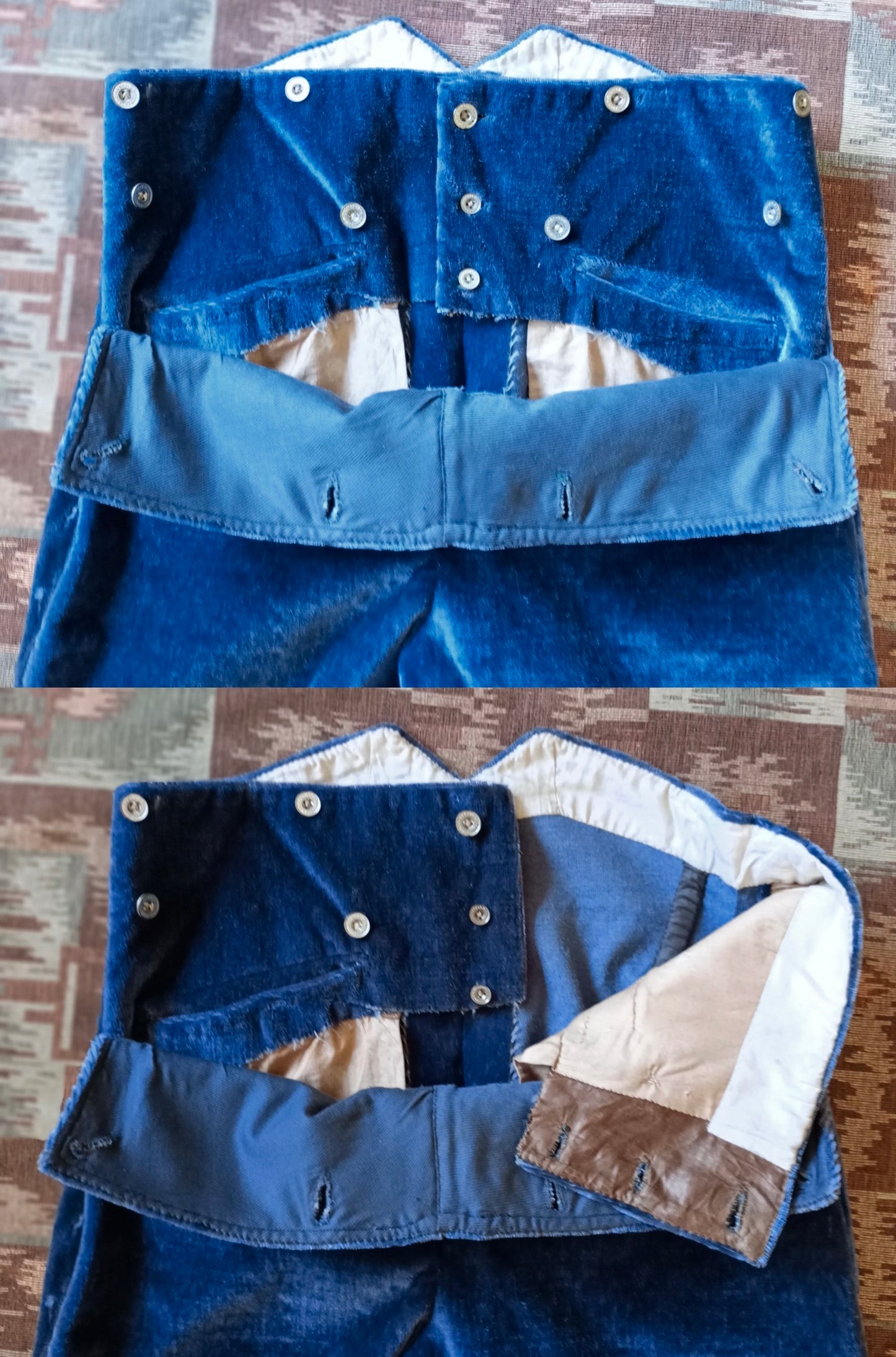 Vintage Mens 1890s 1900s Blue Plush Breeches Fall Front Victorian Edwardian Velvet Livery Uniform Trousers Pants