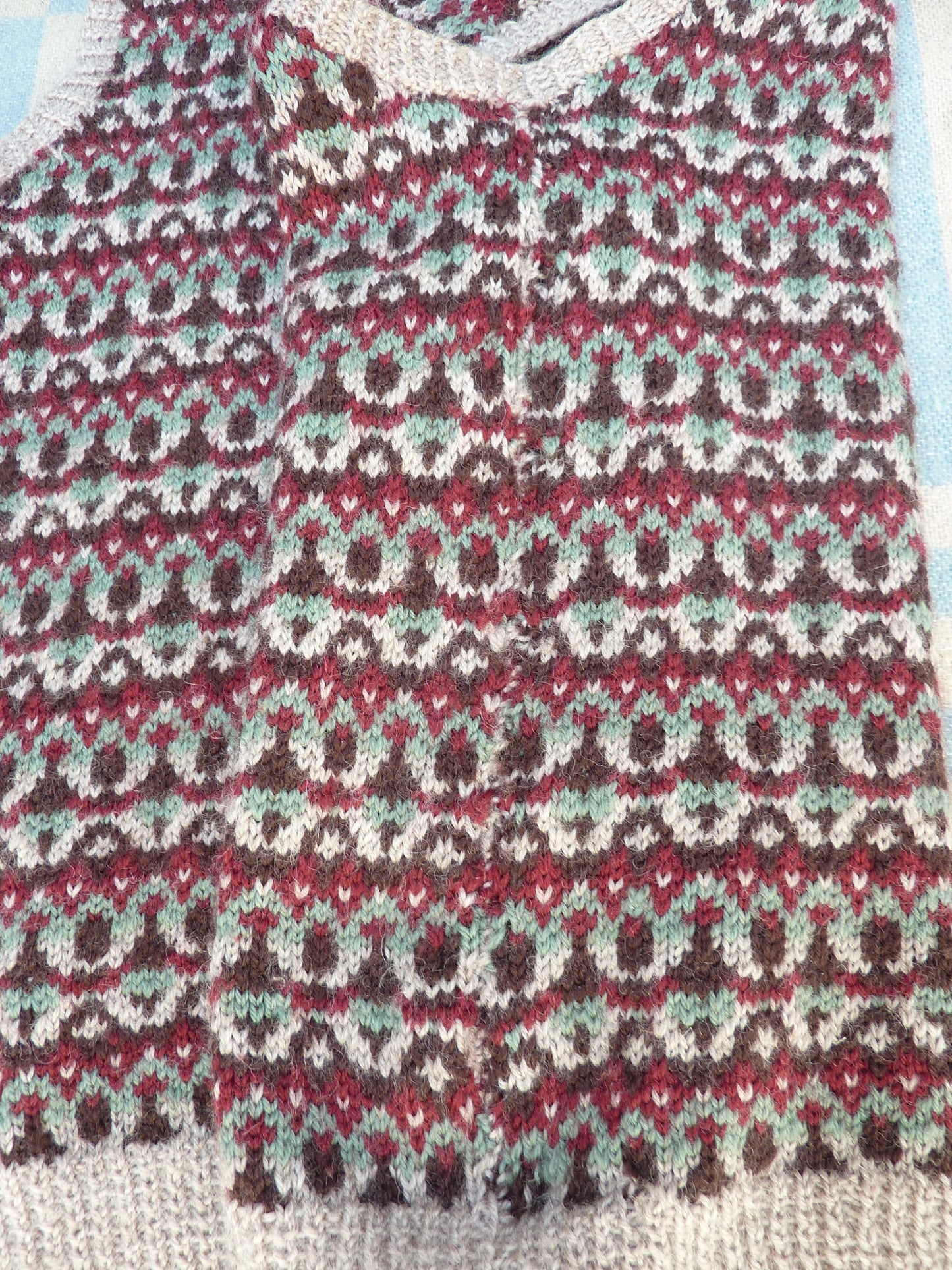 Vintage Mens Hand Knitted Fair Isle Slipover Sweater Vest Green Brown Burgundy 1970s 1980s Fairisle Tank Top