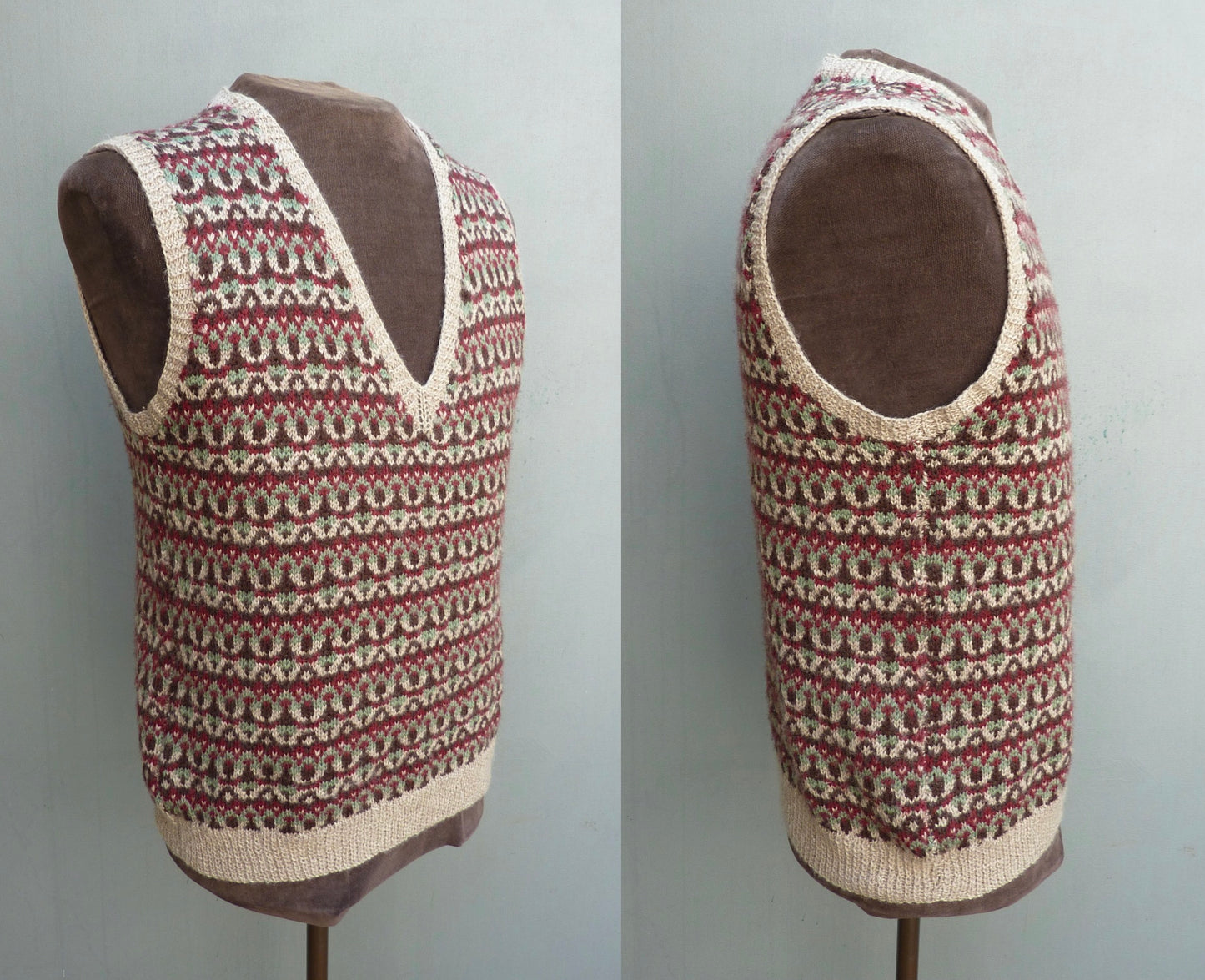 Vintage Mens Hand Knitted Fair Isle Slipover Sweater Vest Green Brown Burgundy 1970s 1980s Fairisle Tank Top