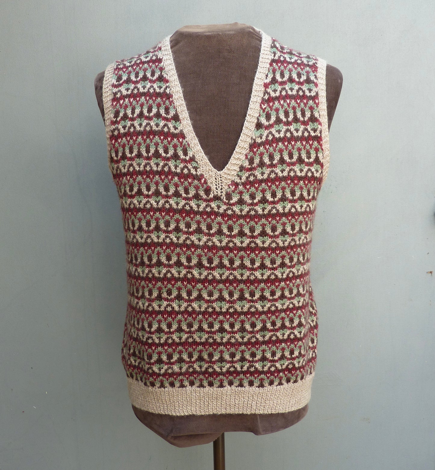 Vintage Mens Hand Knitted Fair Isle Slipover Sweater Vest Green Brown Burgundy 1970s 1980s Fairisle Tank Top