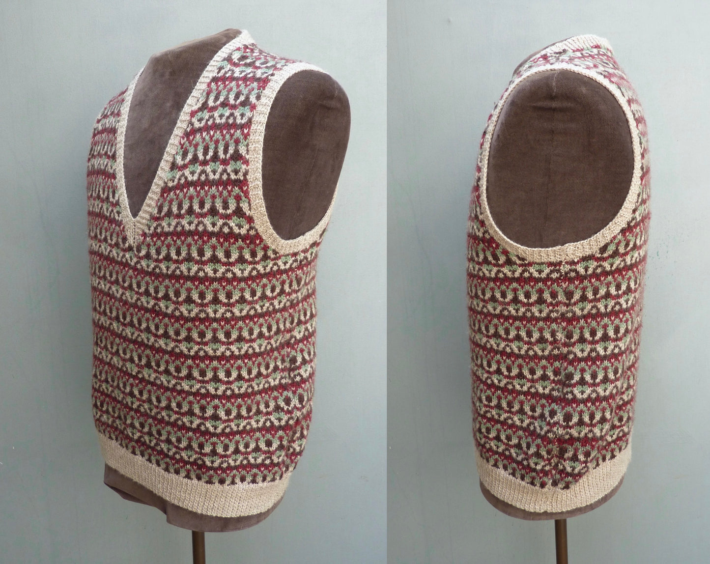 Vintage Mens Hand Knitted Fair Isle Slipover Sweater Vest Green Brown Burgundy 1970s 1980s Fairisle Tank Top