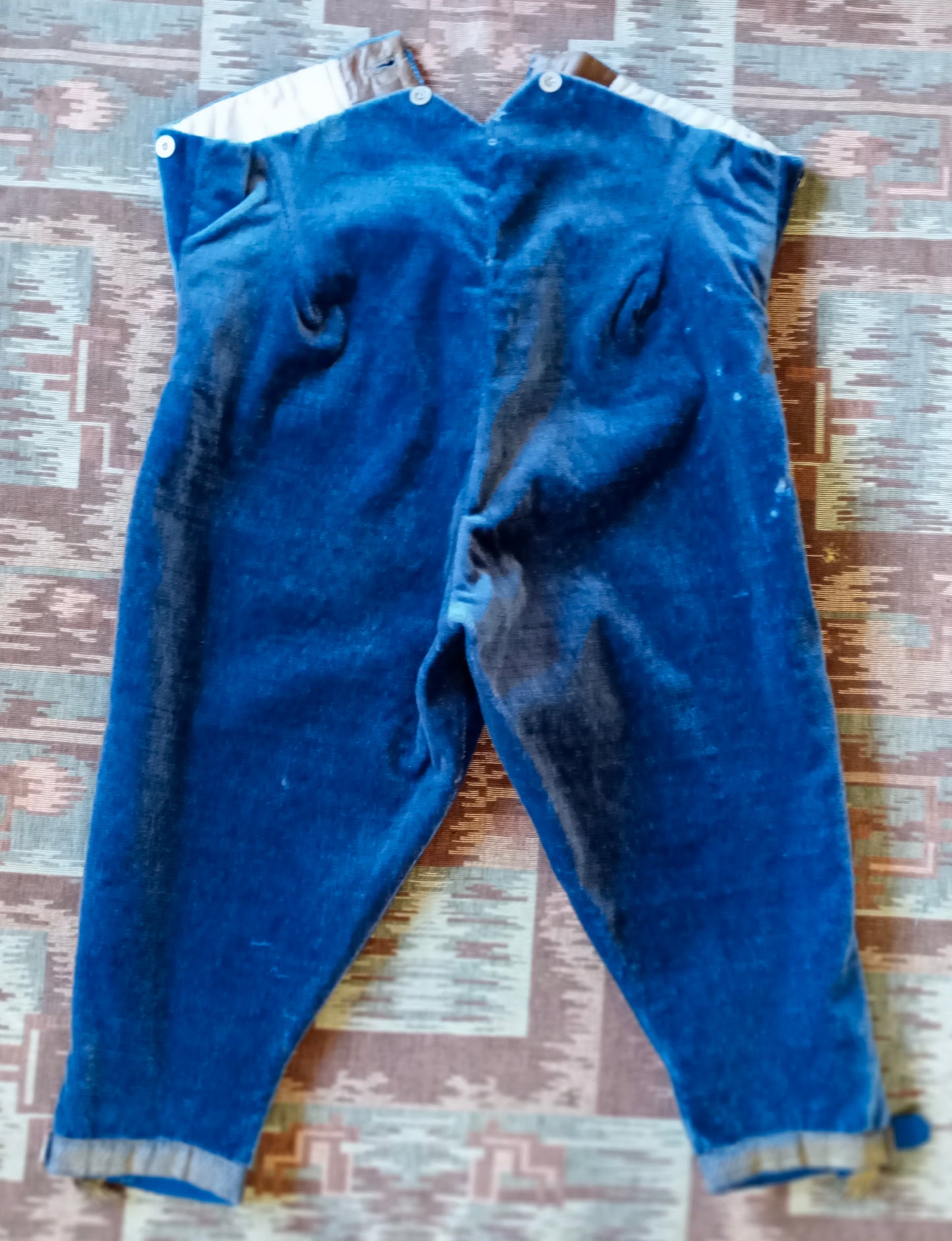 Vintage Mens 1890s 1900s Blue Plush Breeches Fall Front Victorian Edwardian Velvet Livery Uniform Trousers Pants