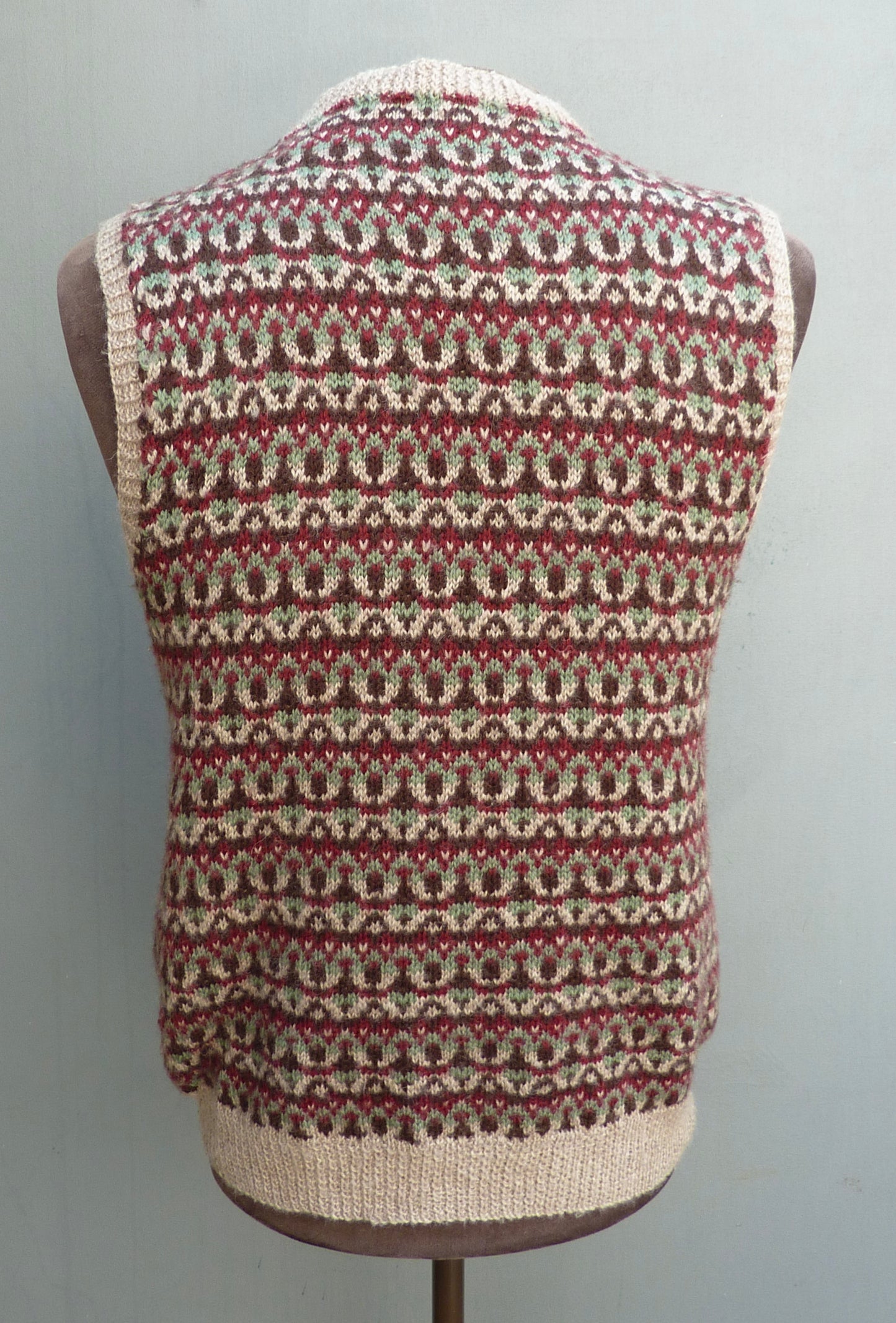 Vintage Mens Hand Knitted Fair Isle Slipover Sweater Vest Green Brown Burgundy 1970s 1980s Fairisle Tank Top