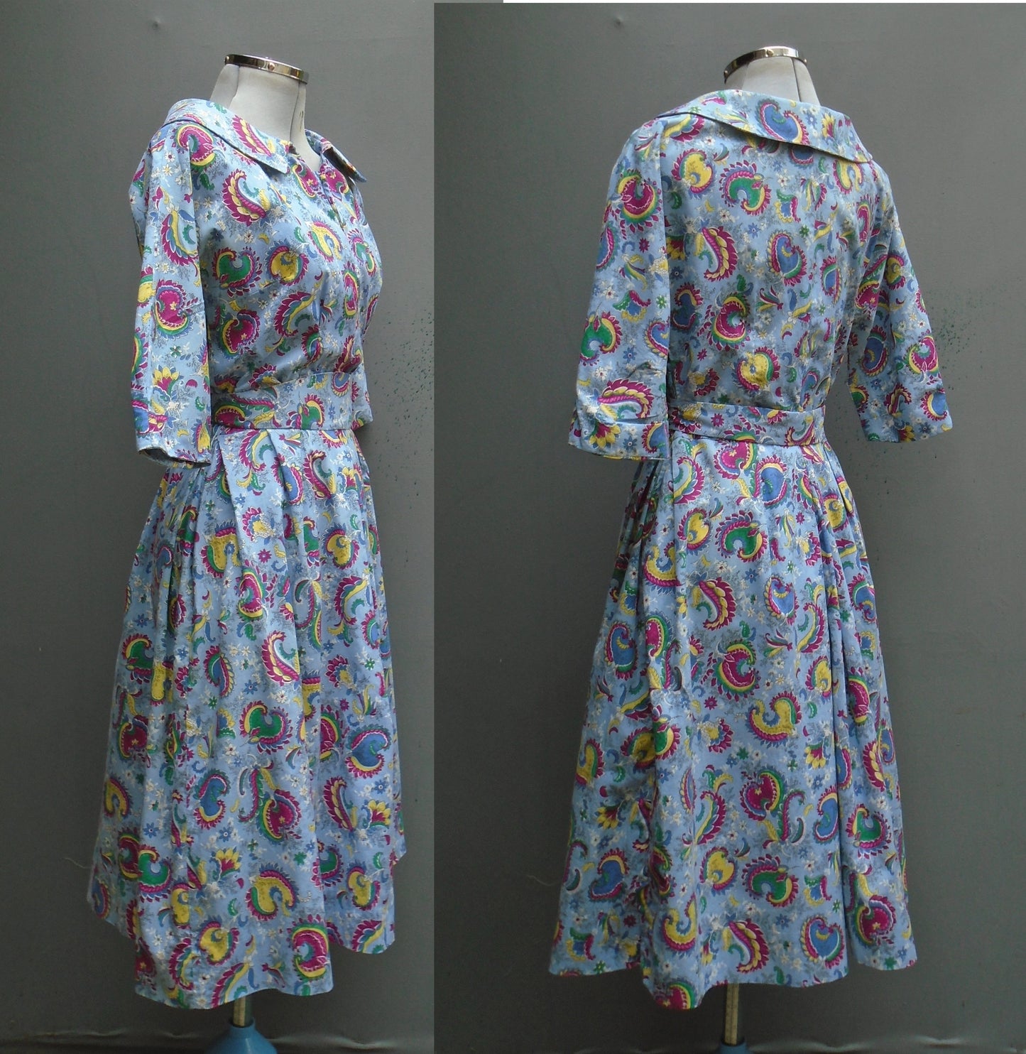 Original 1950s Dress Novelty Print Bold Floral Blue Yellow Cotton UK S/M