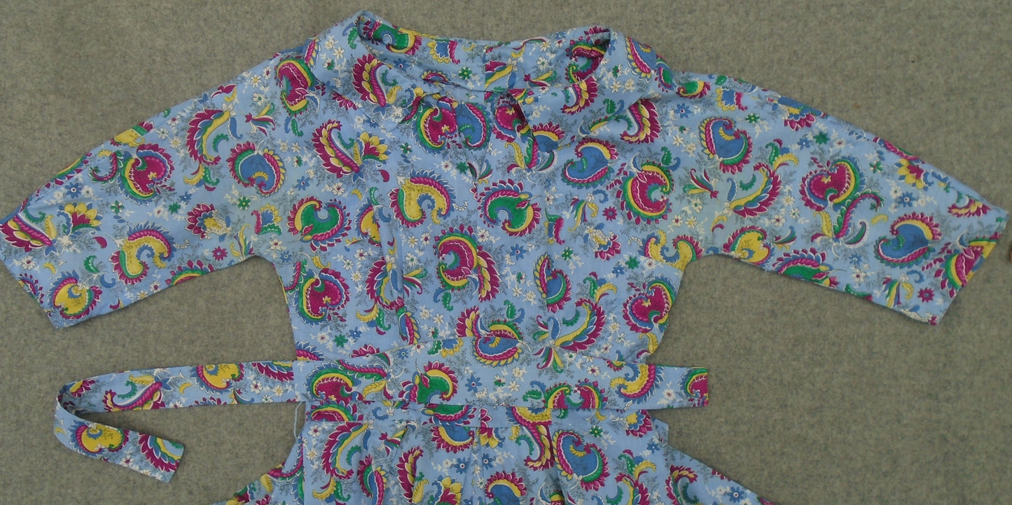 Original 1950s Dress Novelty Print Bold Floral Blue Yellow Cotton UK S/M