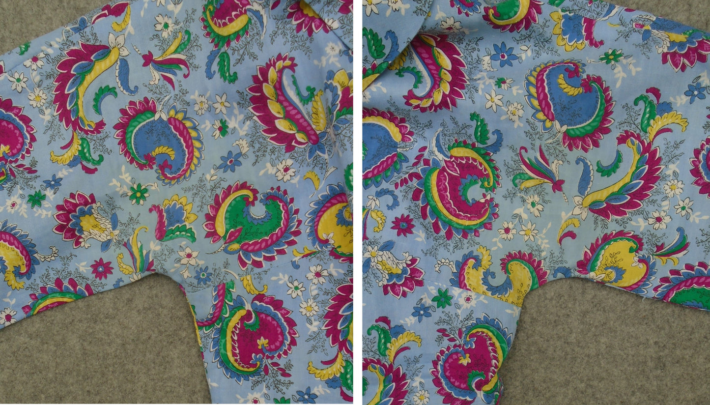 Original 1950s Dress Novelty Print Bold Floral Blue Yellow Cotton UK S/M