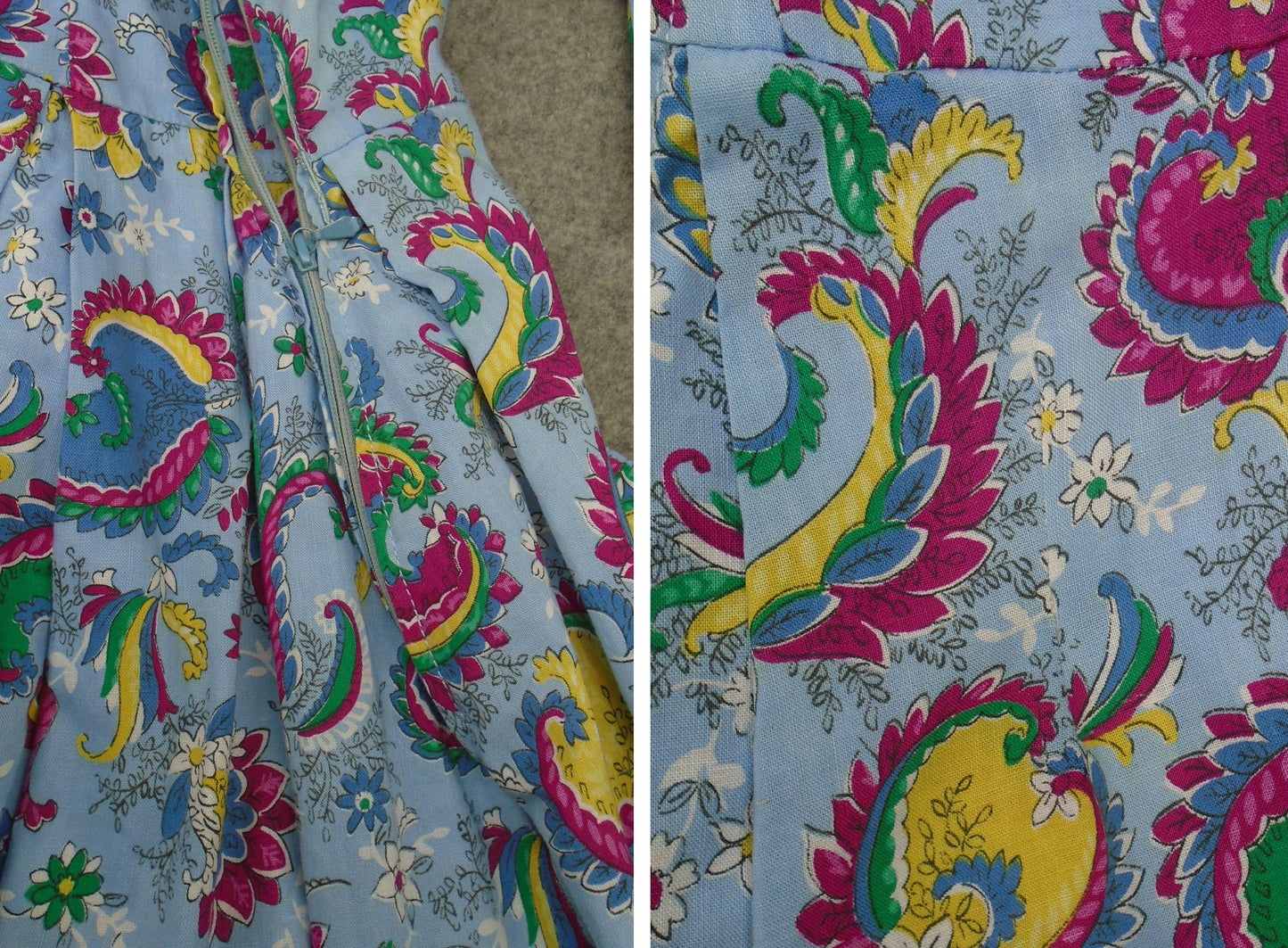 Original 1950s Dress Novelty Print Bold Floral Blue Yellow Cotton UK S/M