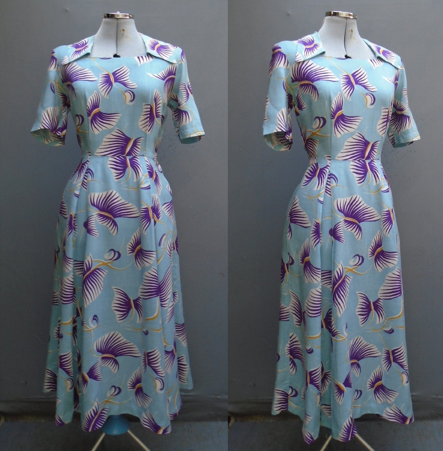 Vintage 1950s Dress Blue Purple Bold Novelty Floral Print UK XS