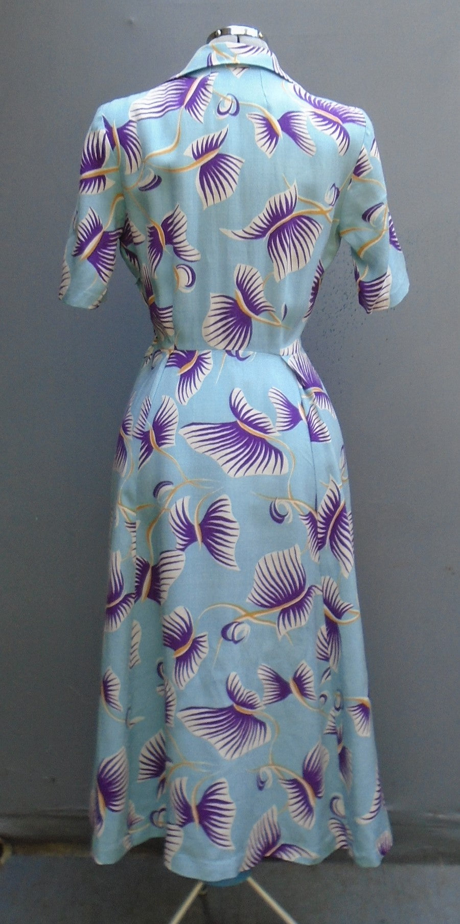 Vintage 1950s Dress Blue Purple Bold Novelty Floral Print UK XS