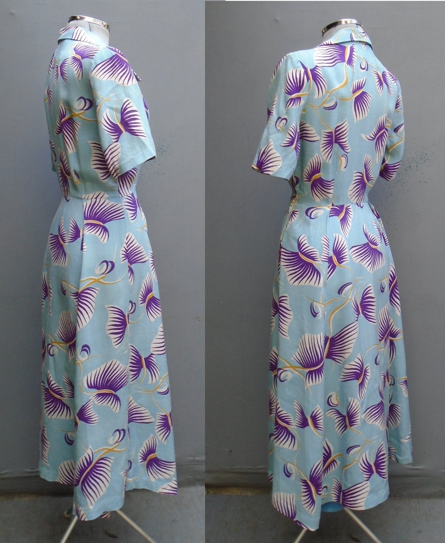 Vintage 1950s Dress Blue Purple Bold Novelty Floral Print UK XS