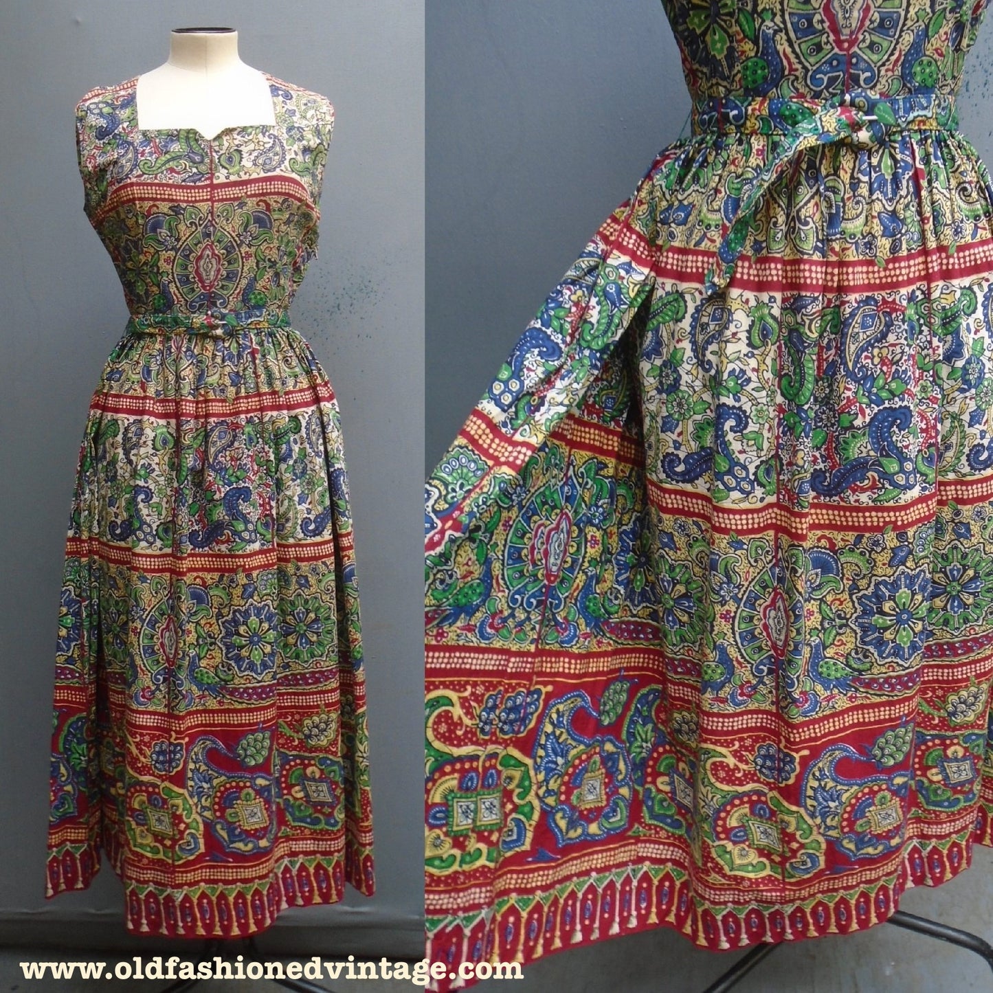 Vintage 1950s Dress Bold Print Red Green Blue Cotton Patio UK S