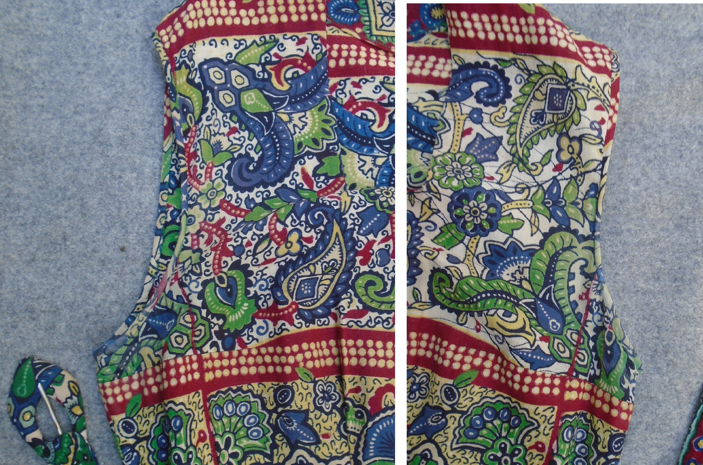 Vintage 1950s Dress Bold Print Red Green Blue Cotton Patio UK S