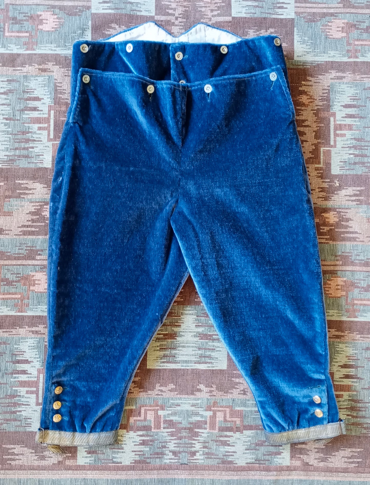 Vintage Mens 1890s 1900s Blue Plush Breeches Fall Front Victorian Edwardian Velvet Livery Uniform Trousers Pants