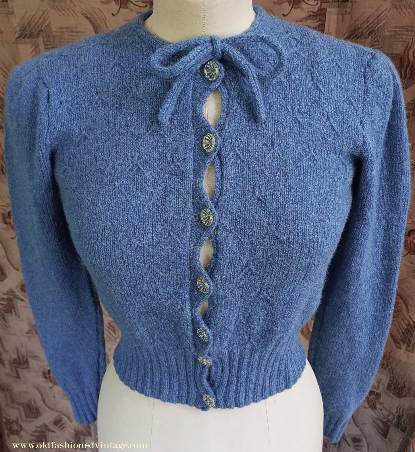 Reproduction 1940s Hand Knitted Cardigan Blue Wool UK XS