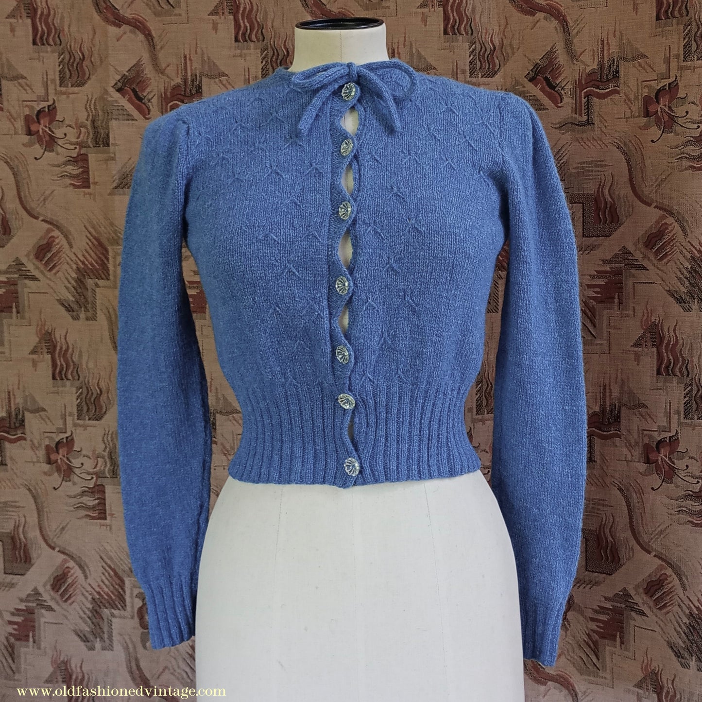 Reproduction 1940s Hand Knitted Cardigan Blue Wool UK XS