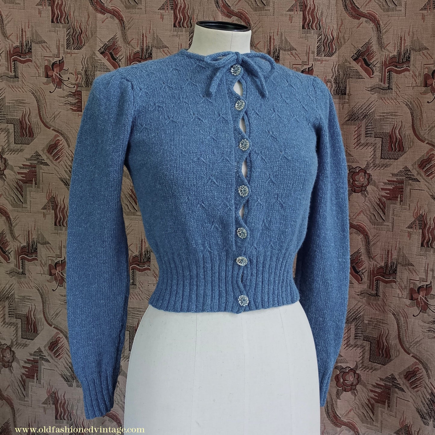 Reproduction 1940s Hand Knitted Cardigan Blue Wool UK XS
