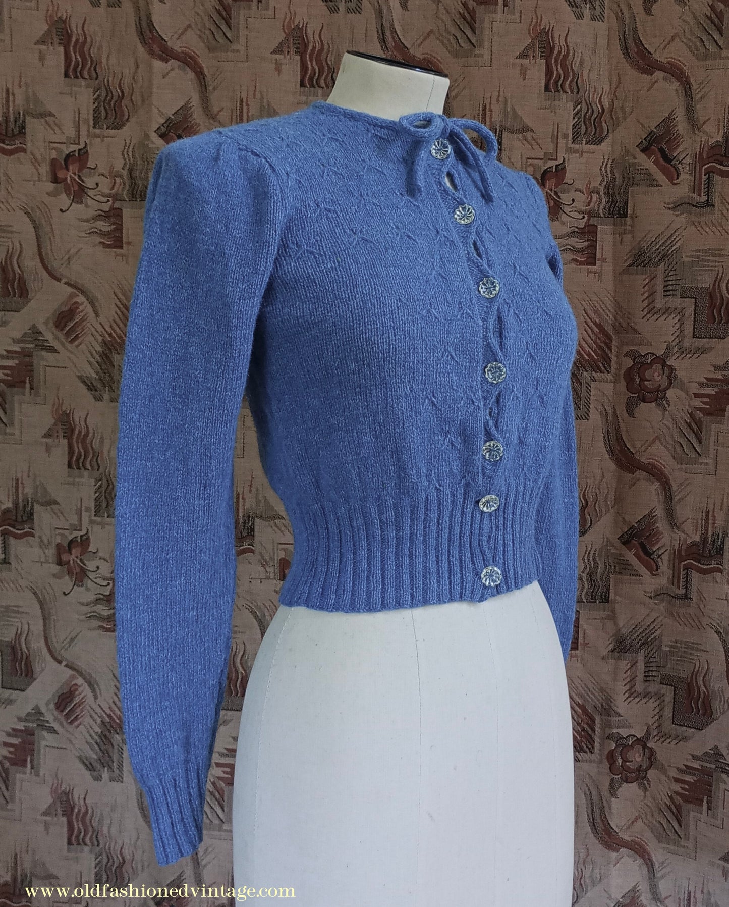 Reproduction 1940s Hand Knitted Cardigan Blue Wool UK XS