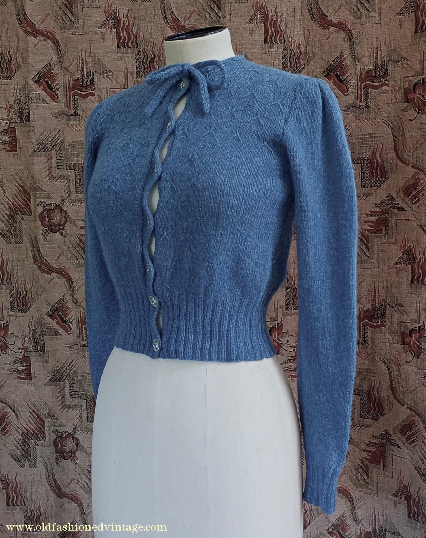 Reproduction 1940s Hand Knitted Cardigan Blue Wool UK XS