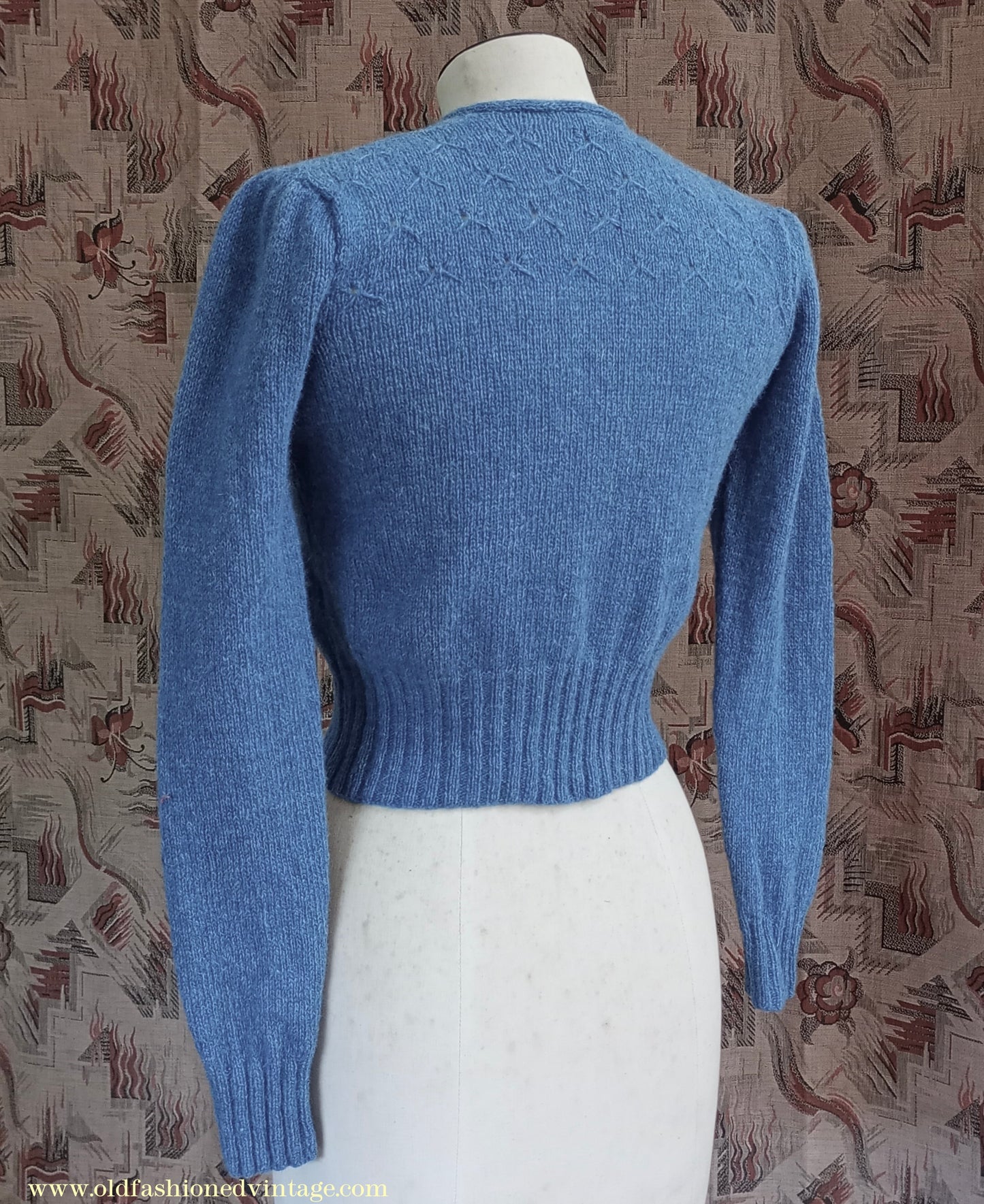 Reproduction 1940s Hand Knitted Cardigan Blue Wool UK XS
