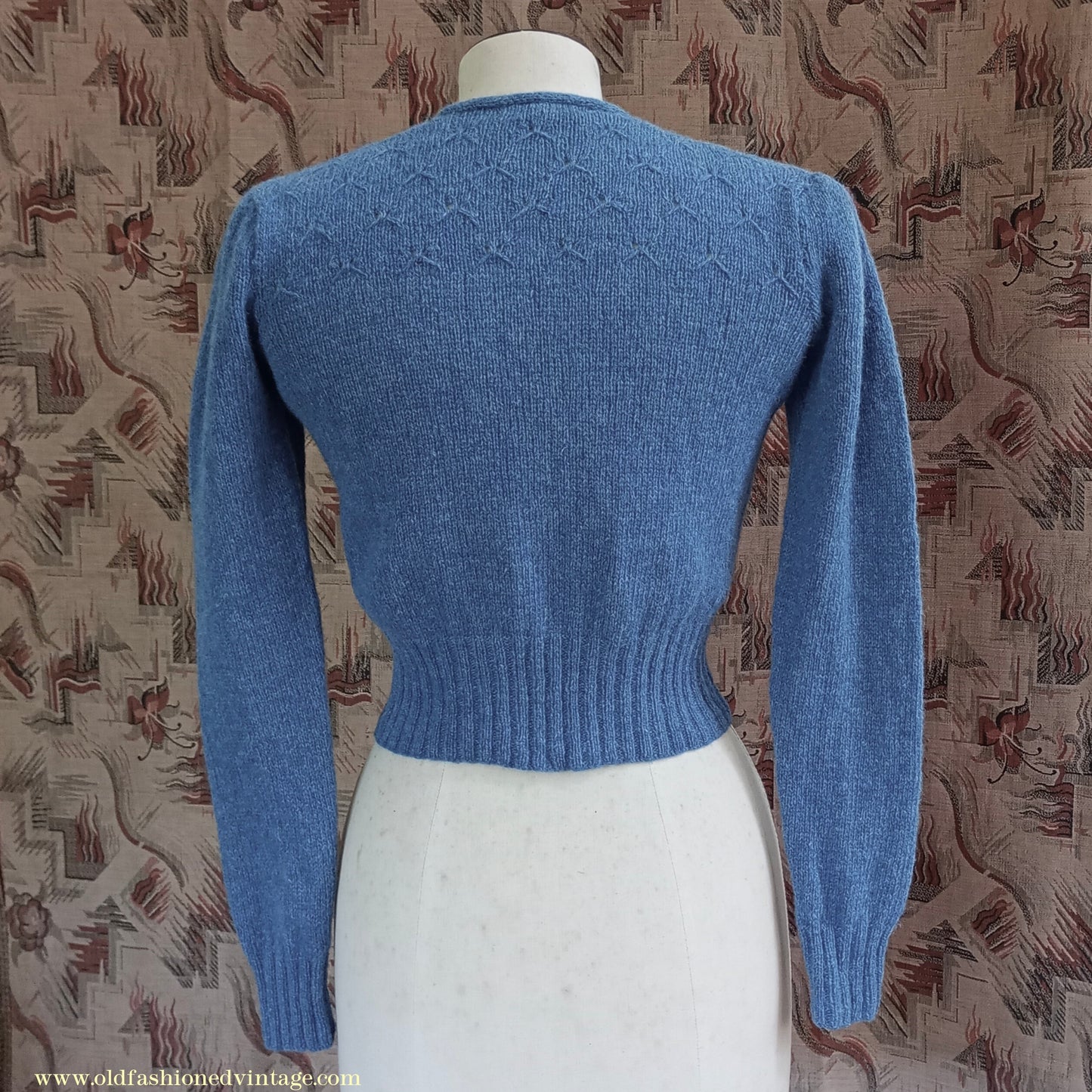 Reproduction 1940s Hand Knitted Cardigan Blue Wool UK XS
