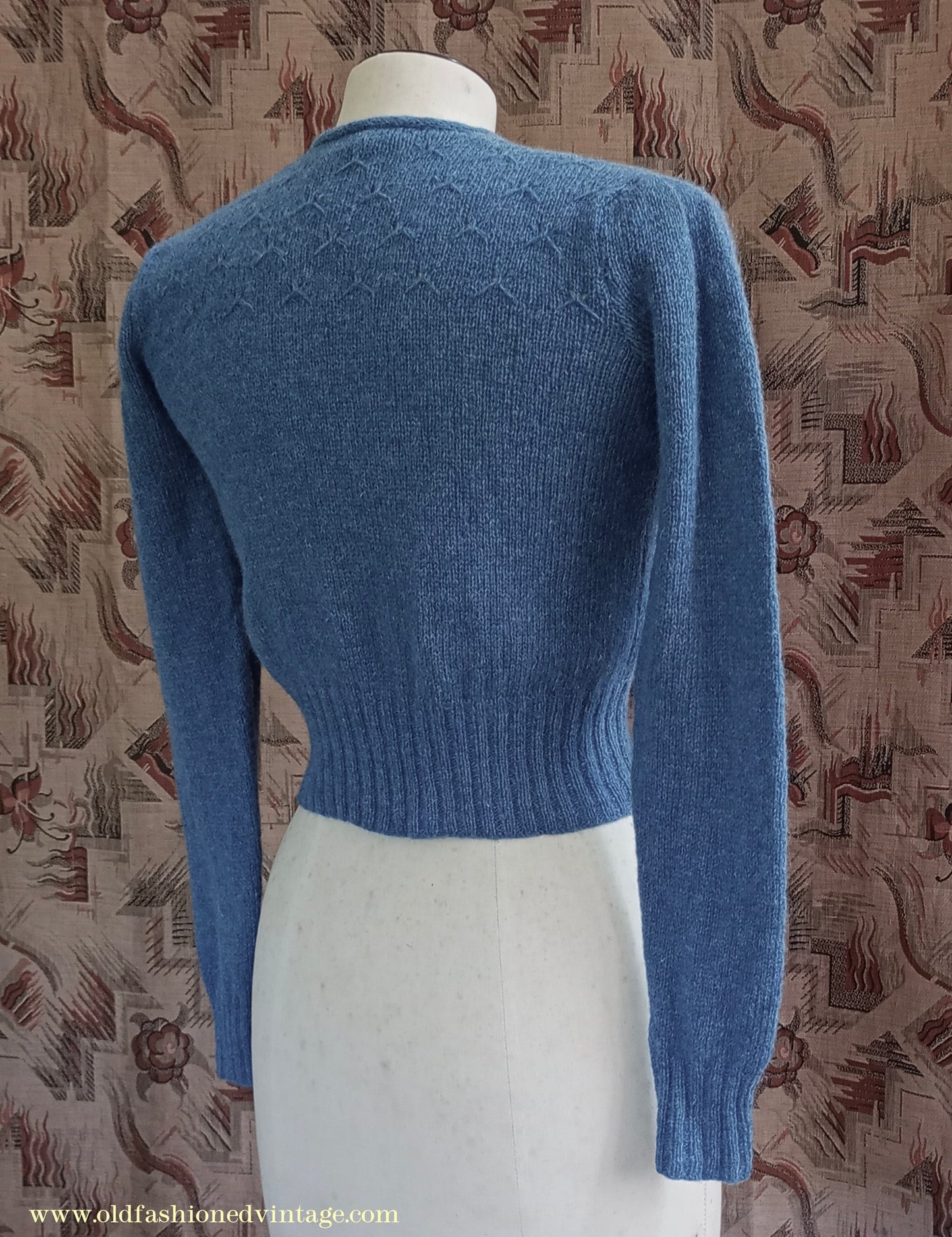 Reproduction 1940s Hand Knitted Cardigan Blue Wool UK XS