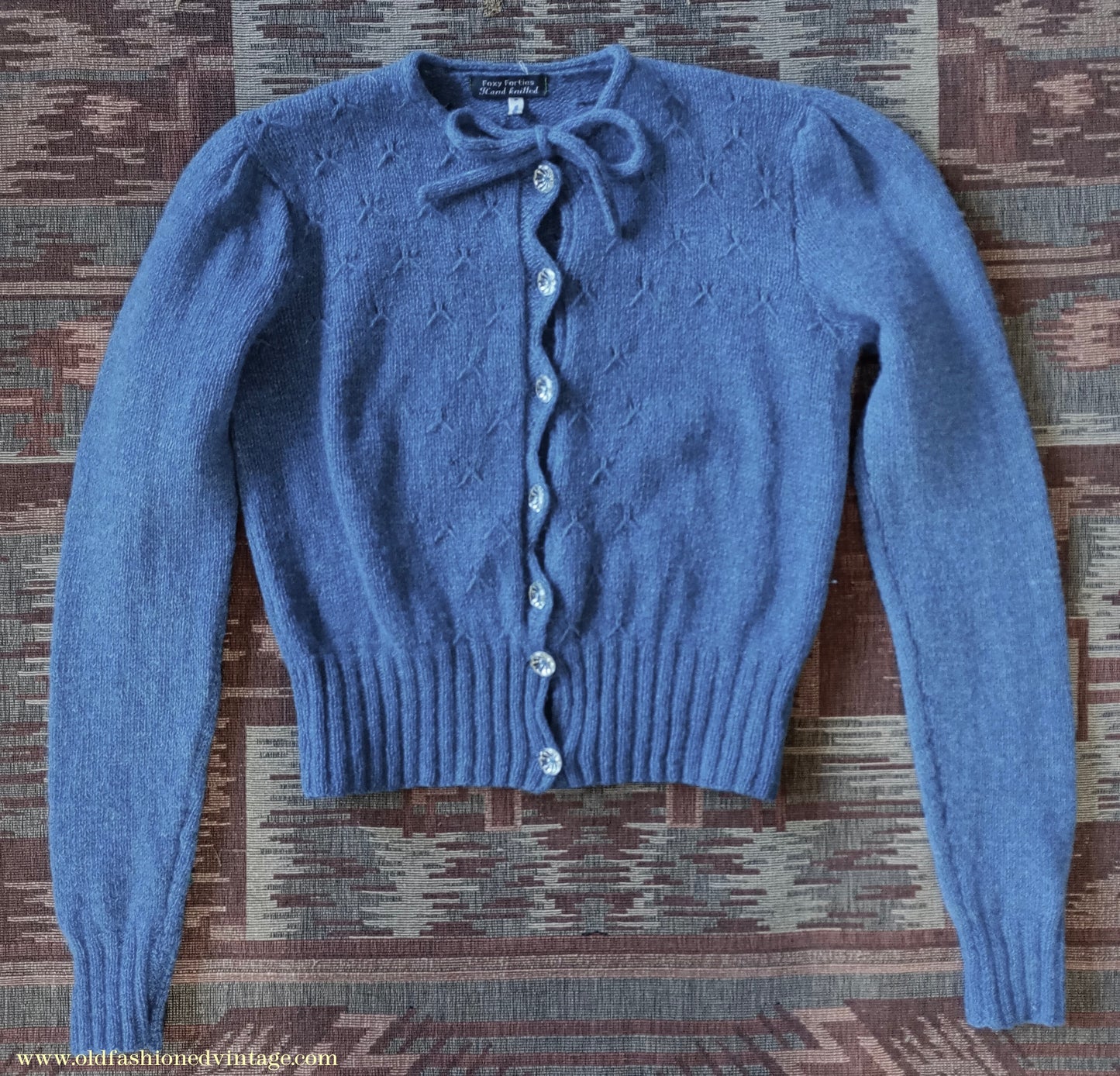 Reproduction 1940s Hand Knitted Cardigan Blue Wool UK XS