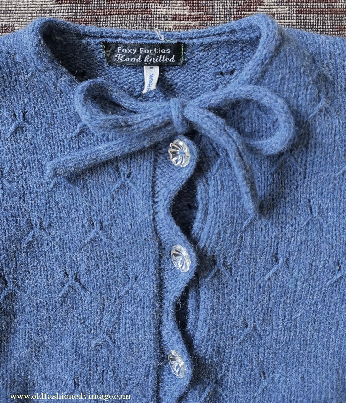 Reproduction 1940s Hand Knitted Cardigan Blue Wool UK XS