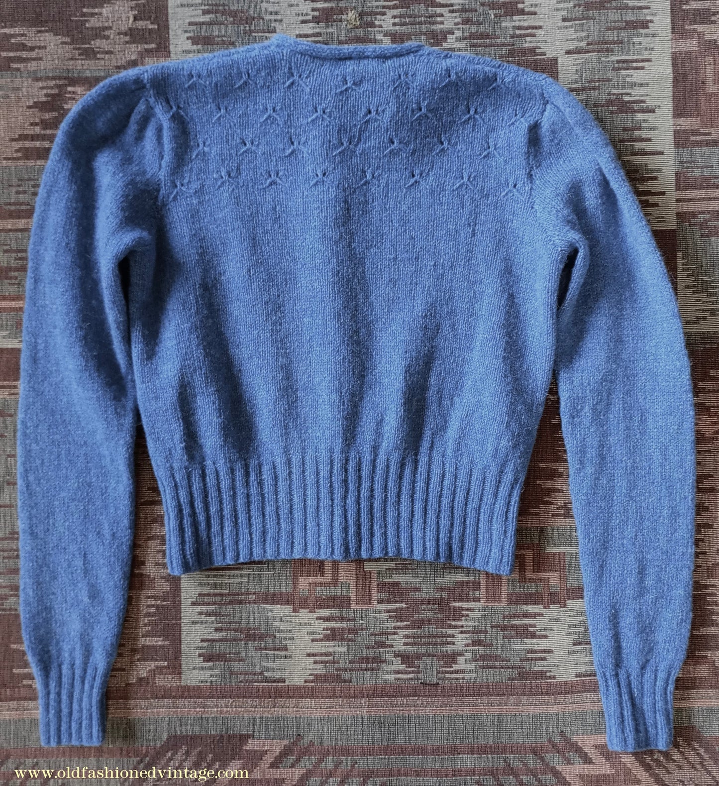 Reproduction 1940s Hand Knitted Cardigan Blue Wool UK XS