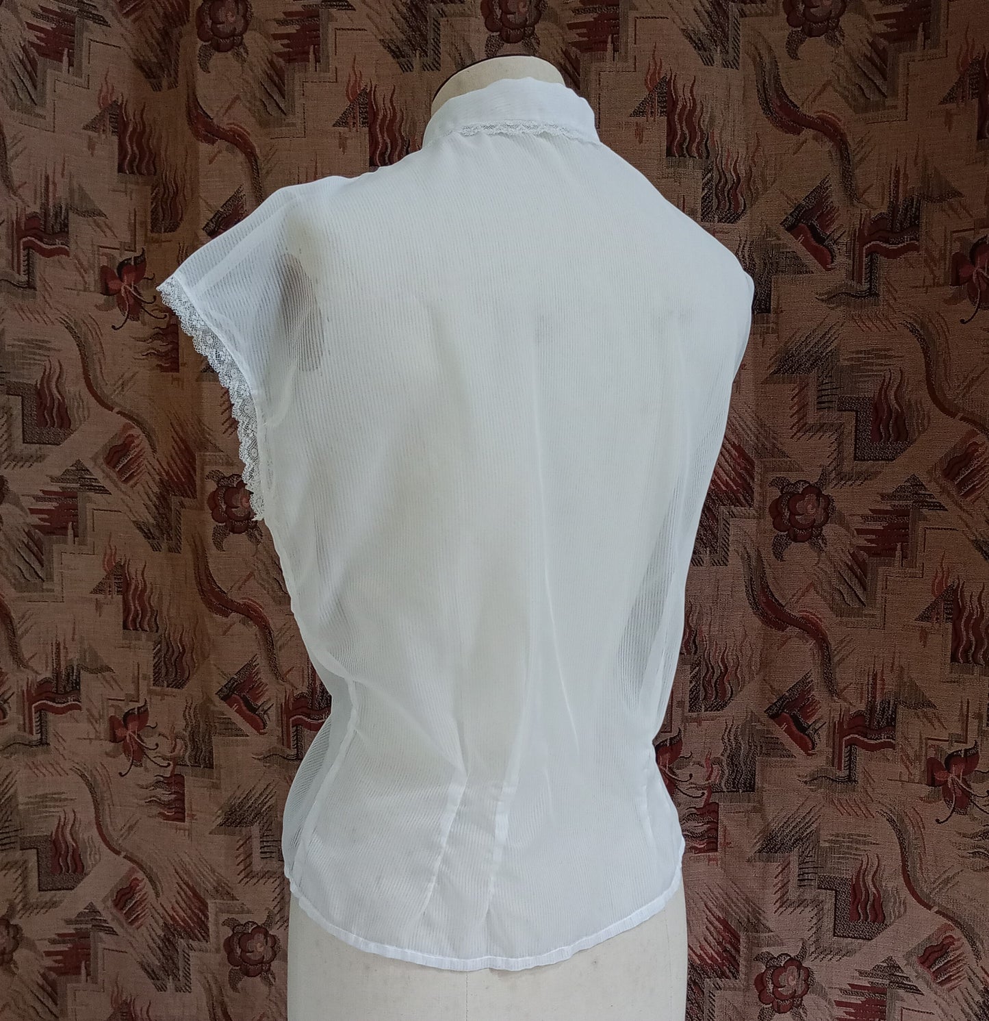 Original Vintage 1950s Sheer White Blouse Top Shirt Short Sleeves Lace Trim UK M