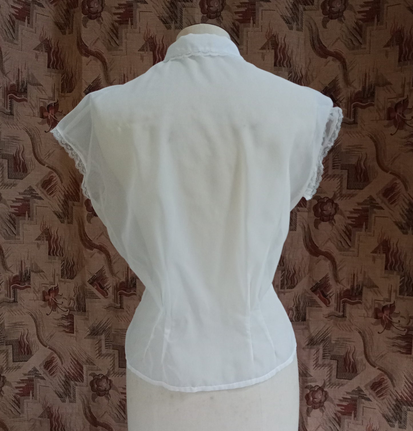 Original Vintage 1950s Sheer White Blouse Top Shirt Short Sleeves Lace Trim UK M
