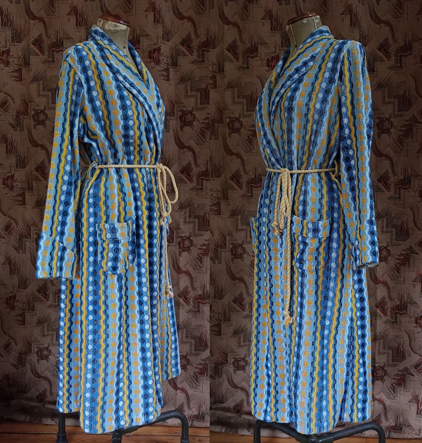 RARE Vintage 1930s Towelling Dressing Gown Blue Yellow Patterned Spots UK M/L