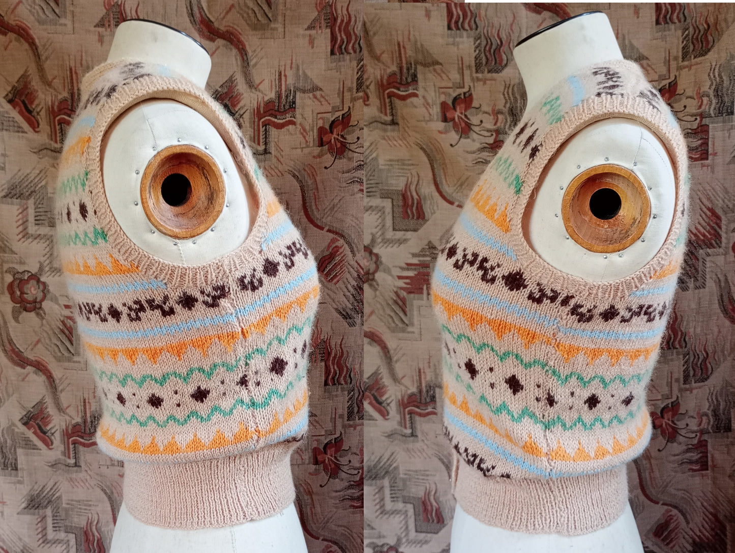 Vintage 1950s Hand Knitted Waistcoat Fair Isle Beige Sleeveless Cardigan Bust 30" Womens UK XXS