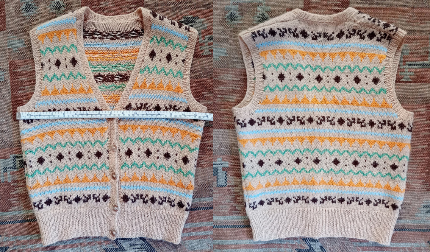 Vintage 1950s Hand Knitted Waistcoat Fair Isle Beige Sleeveless Cardigan Bust 30" Womens UK XXS