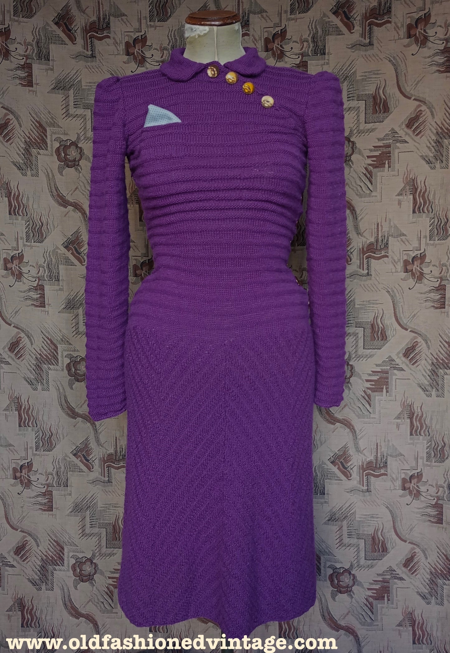 Reproduction 1940s Purple Merino Wool Knitted Dress UK S/M