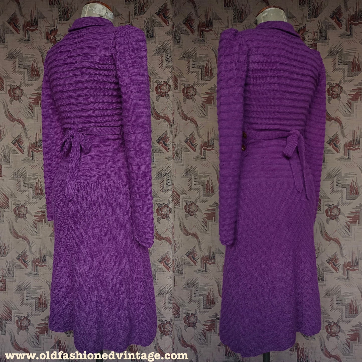 Reproduction 1940s Purple Merino Wool Knitted Dress UK S/M