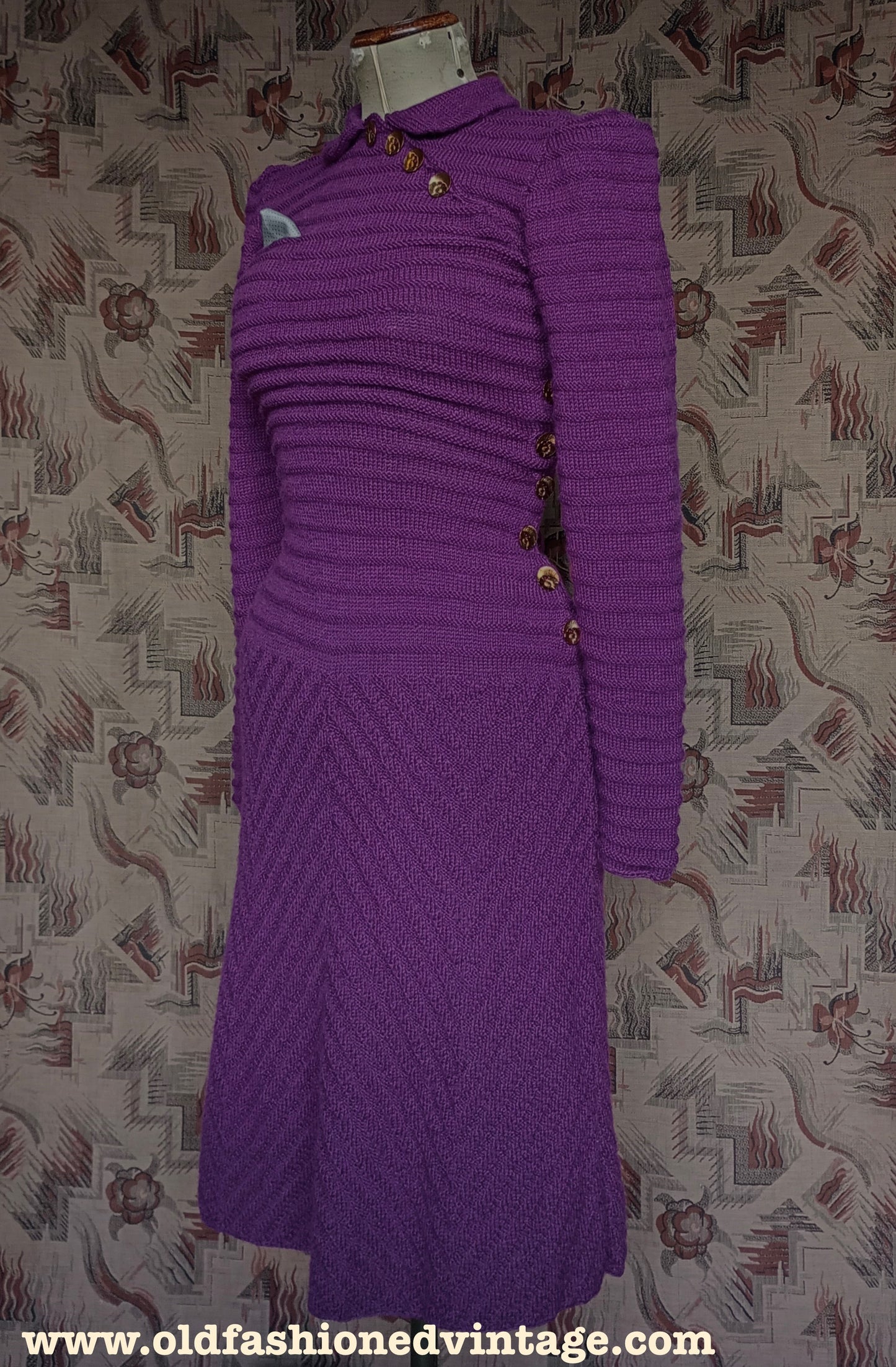 Reproduction 1940s Purple Merino Wool Knitted Dress UK S/M