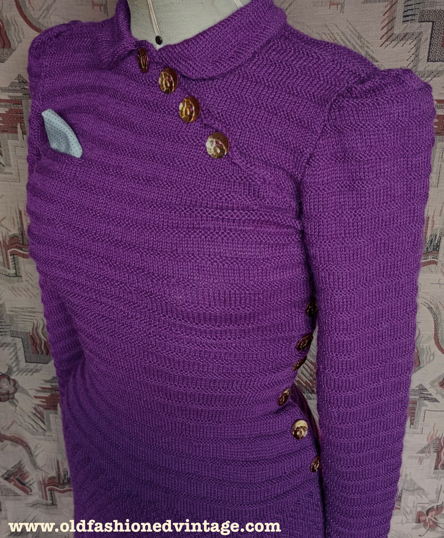 Reproduction 1940s Purple Merino Wool Knitted Dress UK S/M