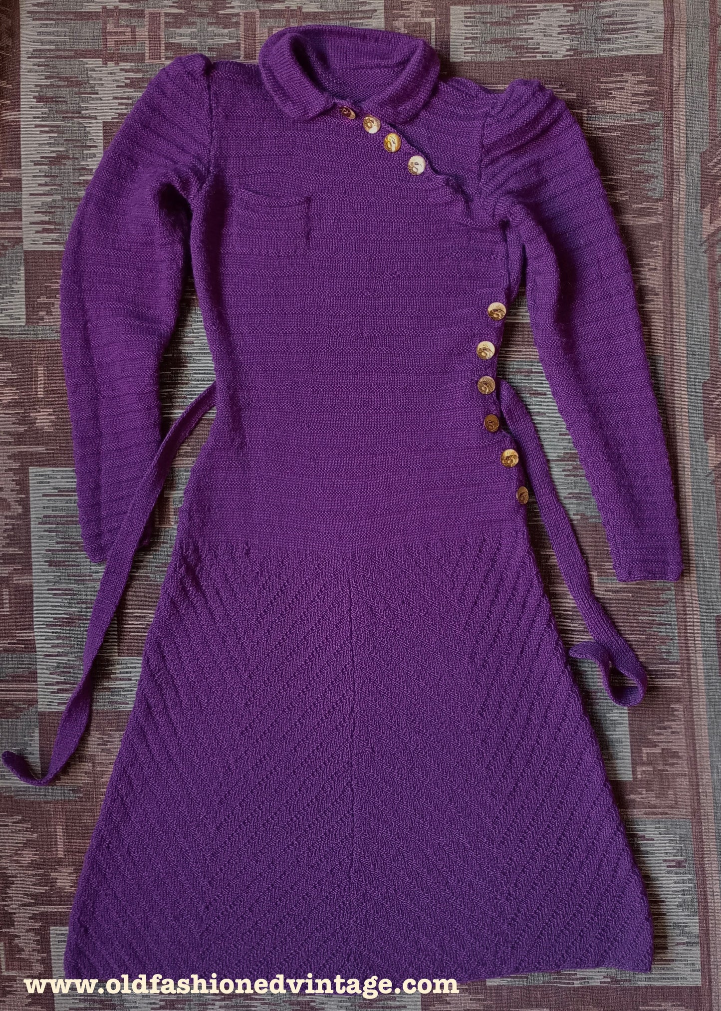 Reproduction 1940s Purple Merino Wool Knitted Dress UK S/M