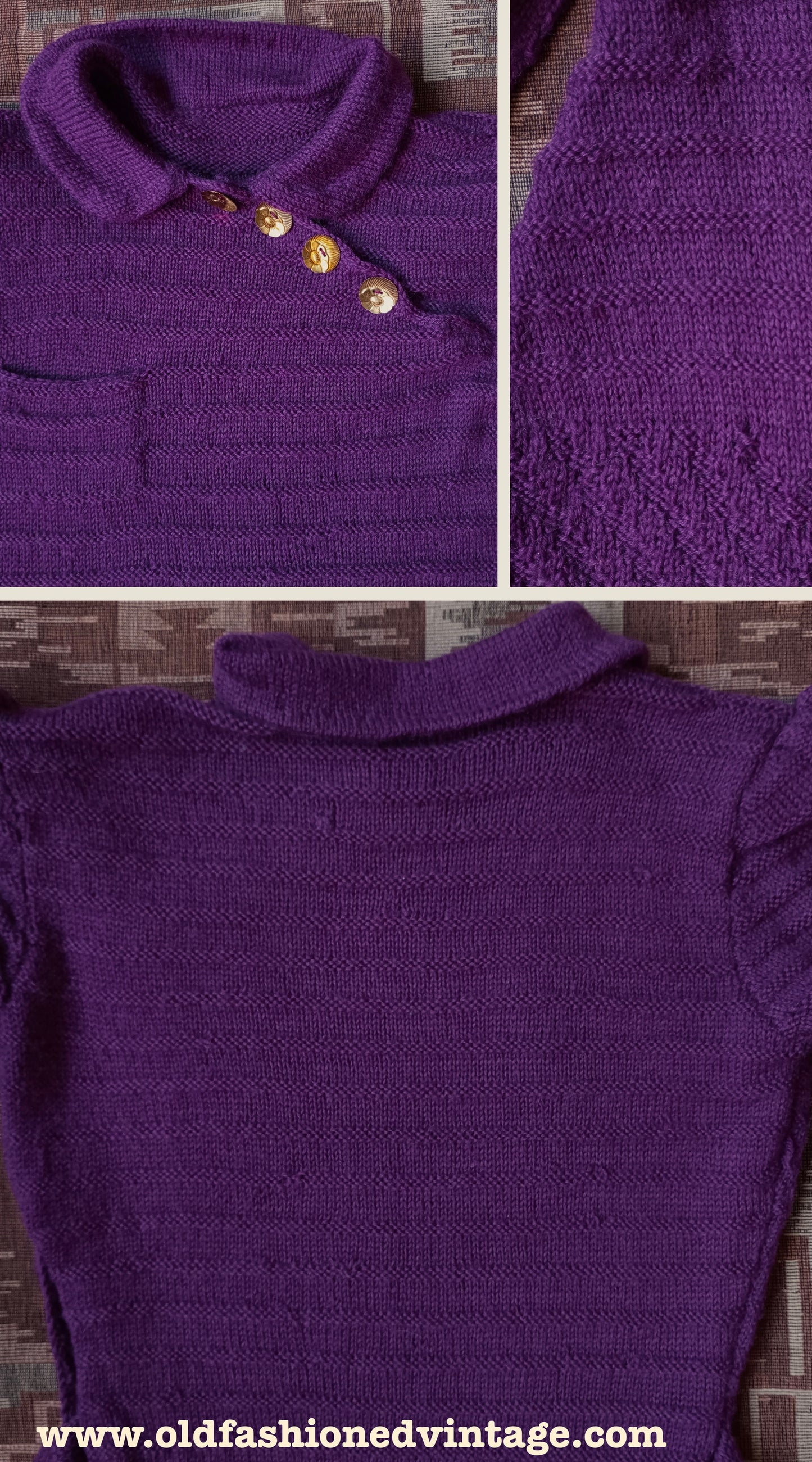 Reproduction 1940s Purple Merino Wool Knitted Dress UK S/M