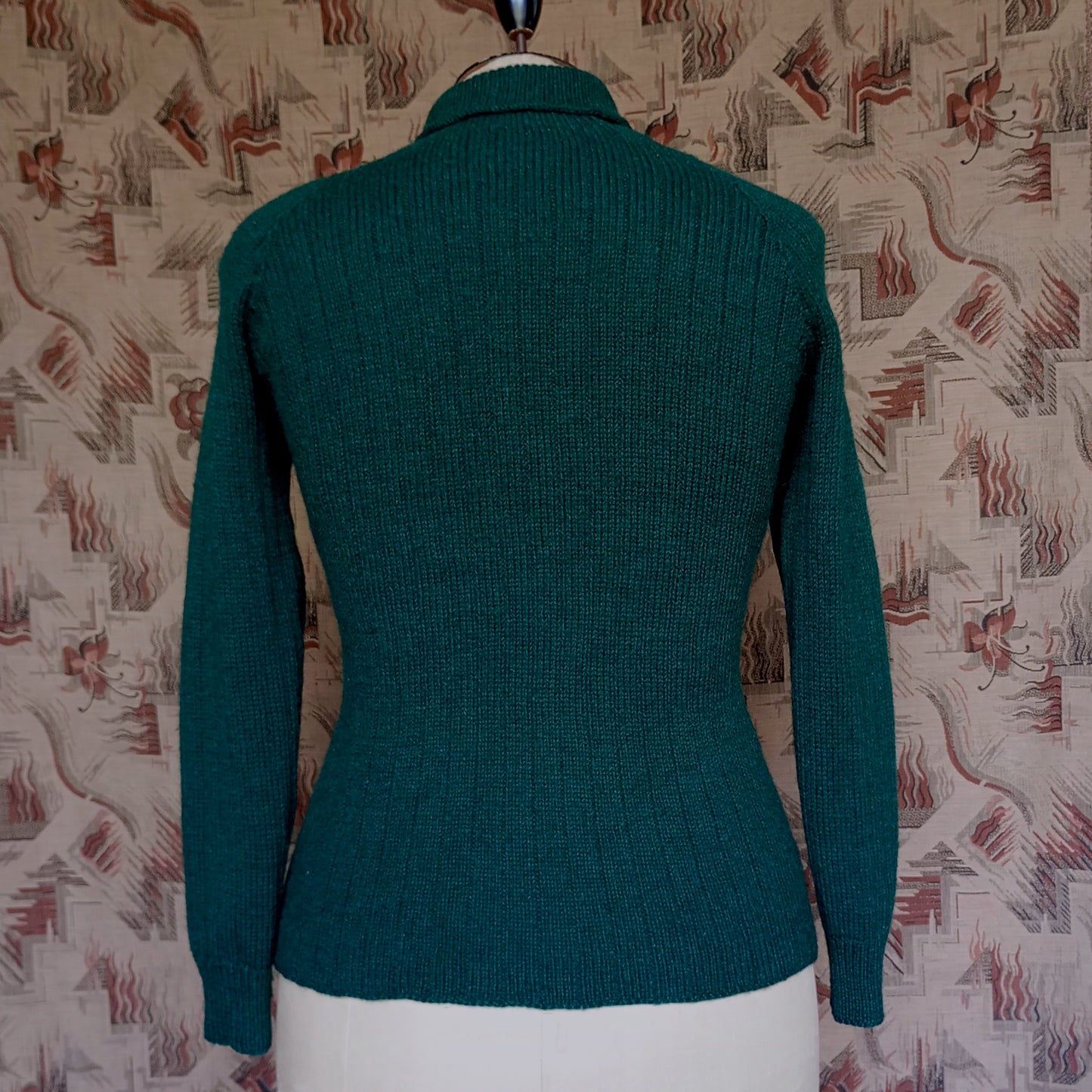 Vintage Hand Knitted Jumper Bottle Green Roll Neck Wool Sweater UK L/XL