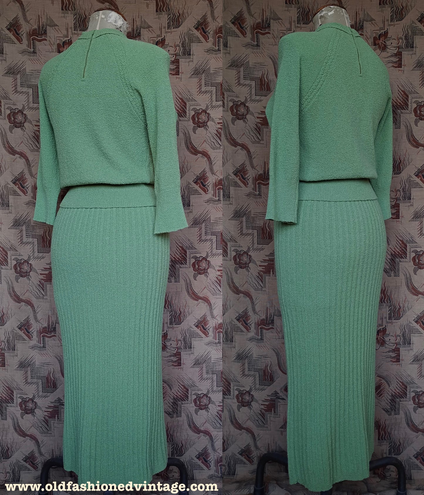 Vintage 1950s Green Wool Knit Set Sweater Skirt 40s UK S