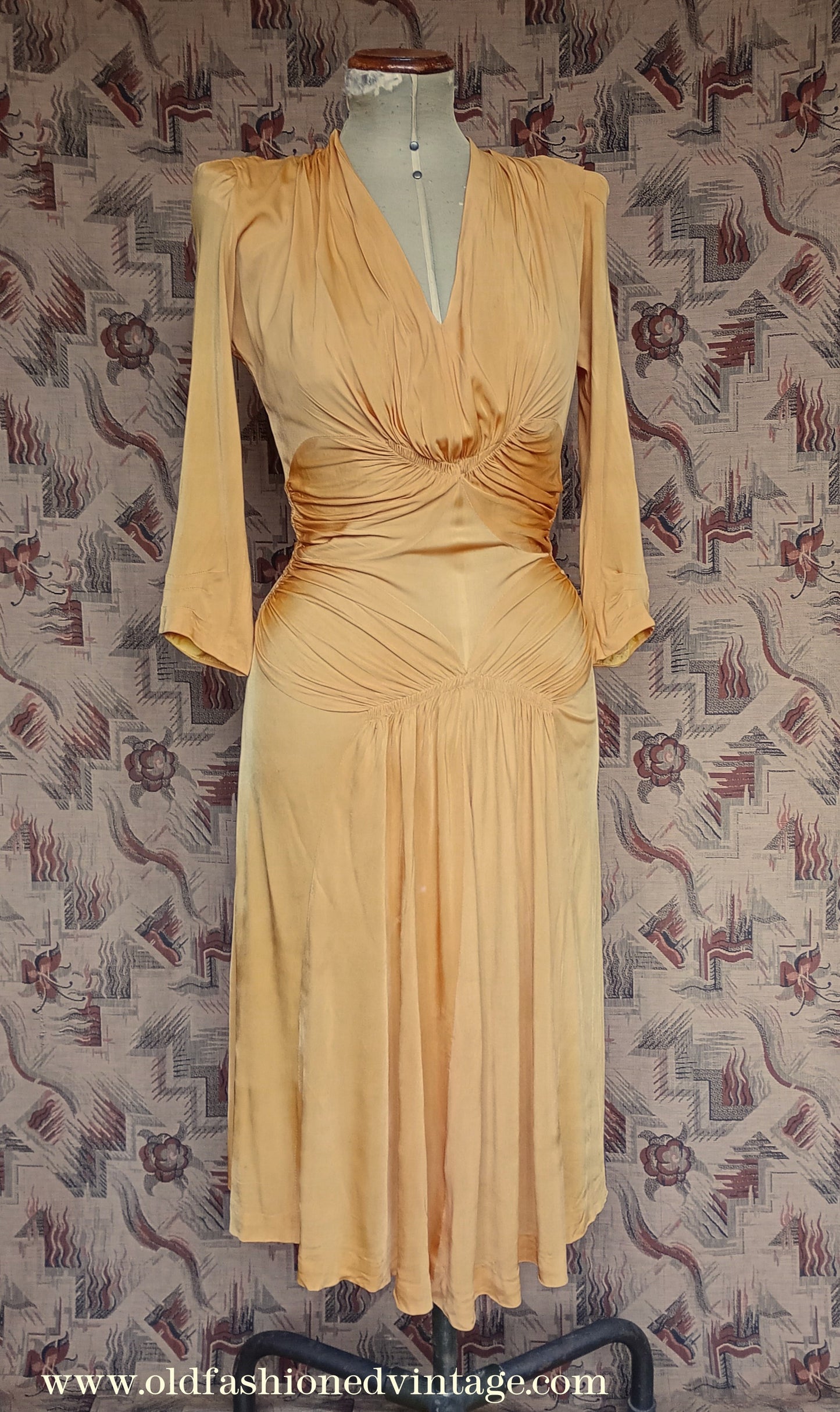 Amazing Vintage 1940s Dress Drapey Gold Rayon Jersey Celanese Type UK S/M
