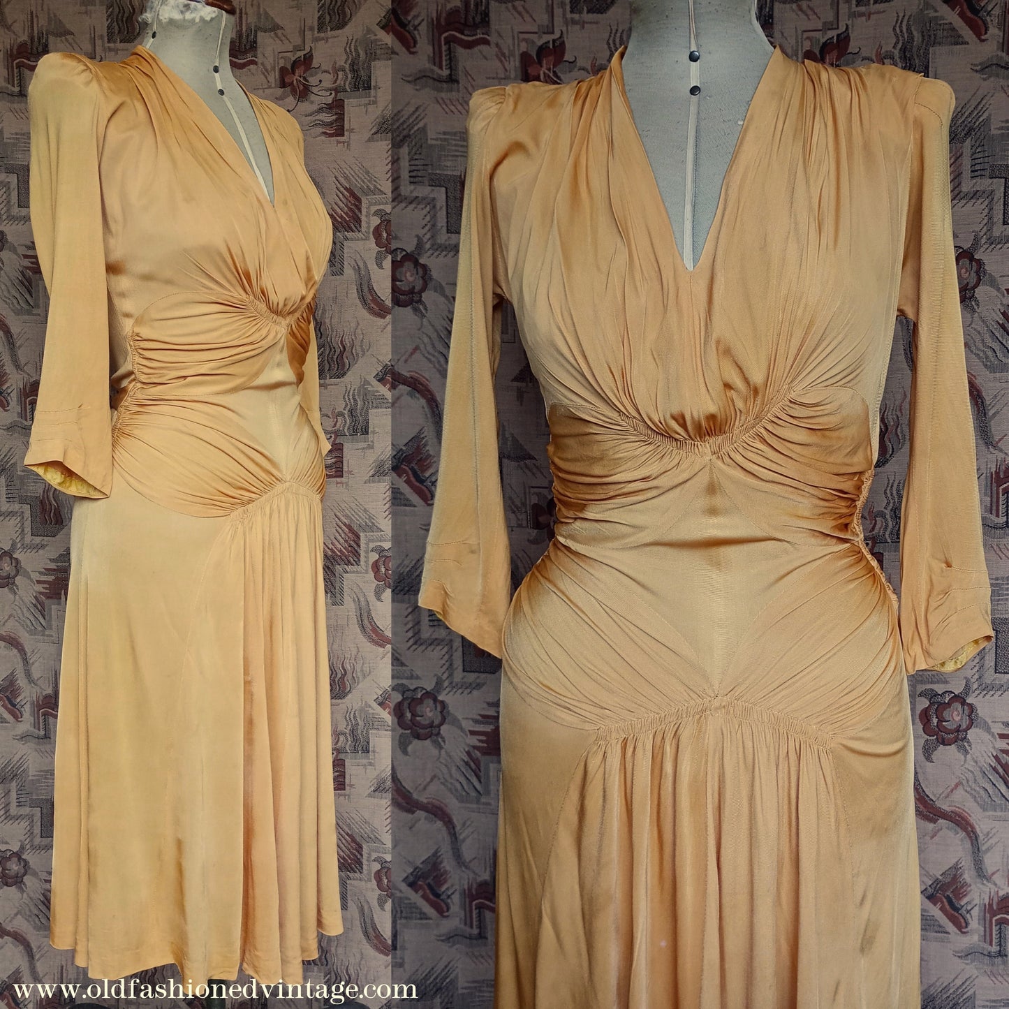 Amazing Vintage 1940s Dress Drapey Gold Rayon Jersey Celanese Type UK S/M