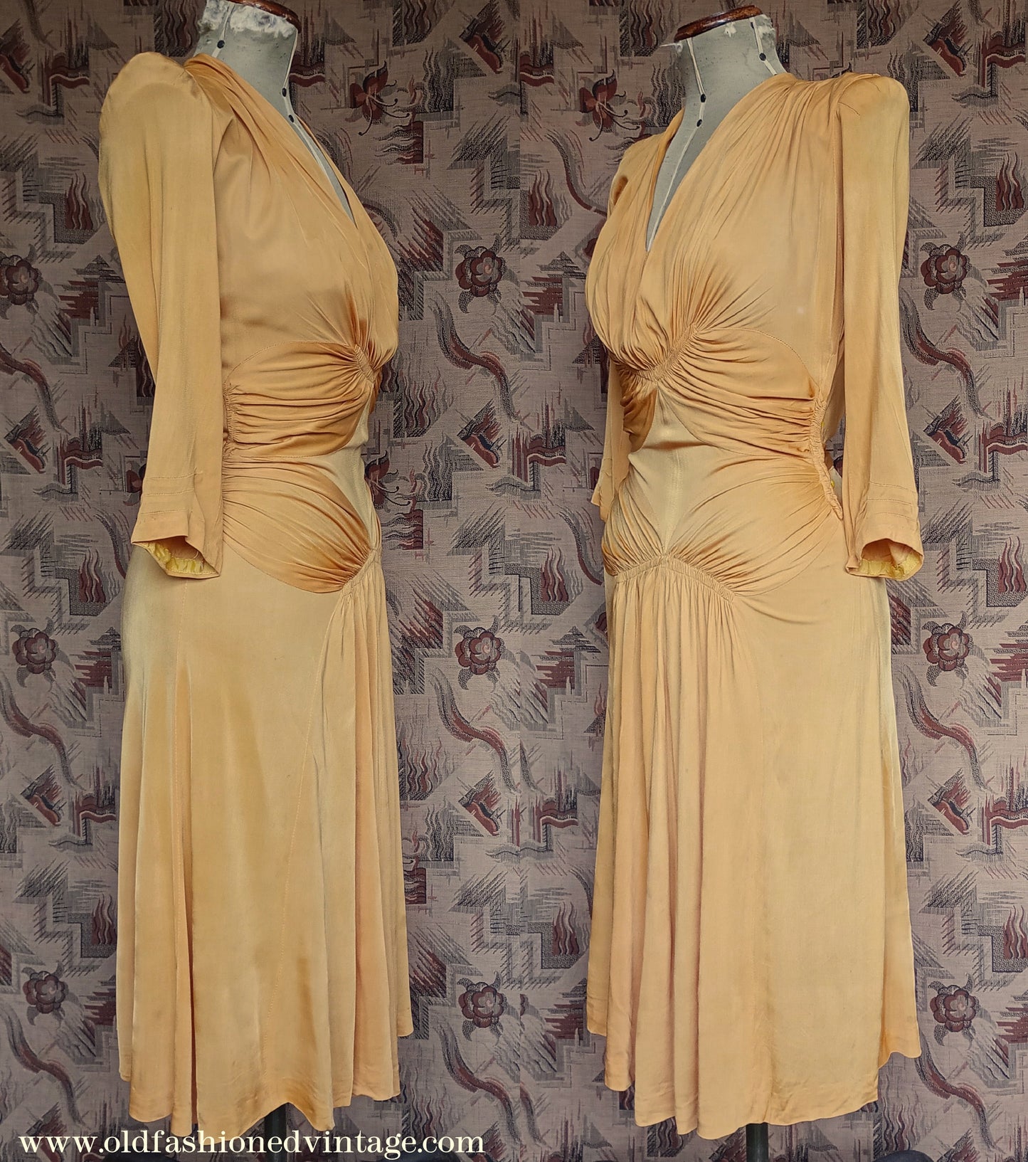Amazing Vintage 1940s Dress Drapey Gold Rayon Jersey Celanese Type UK S/M