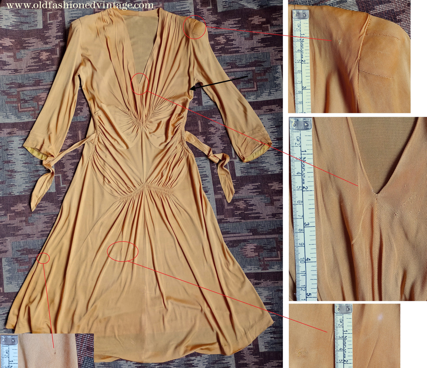 Amazing Vintage 1940s Dress Drapey Gold Rayon Jersey Celanese Type UK S/M