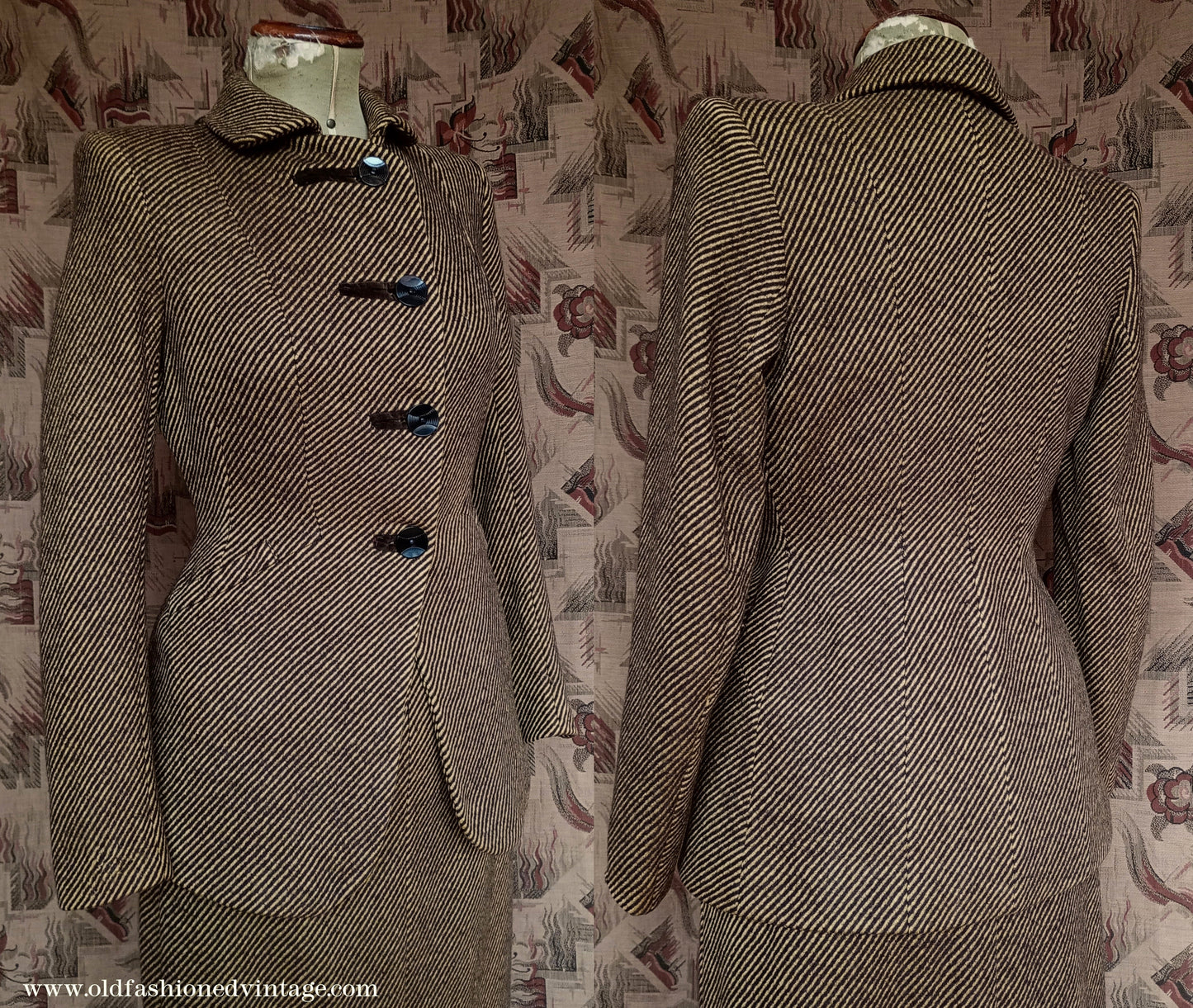 Fabulous Vintage 1940s Suit Yellow Brown Striped Jacket Skirt UK XS