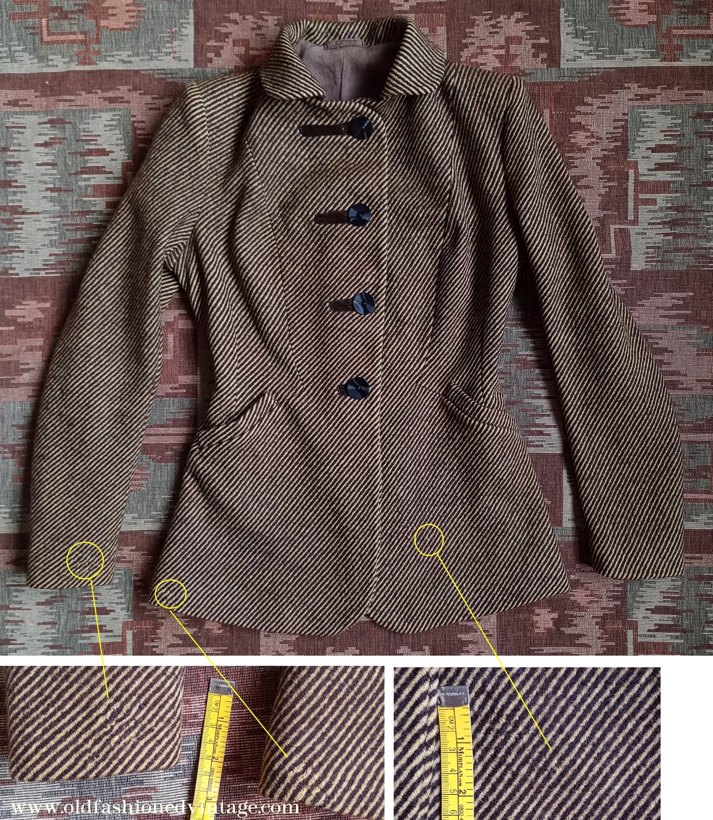 Fabulous Vintage 1940s Suit Yellow Brown Striped Jacket Skirt UK XS