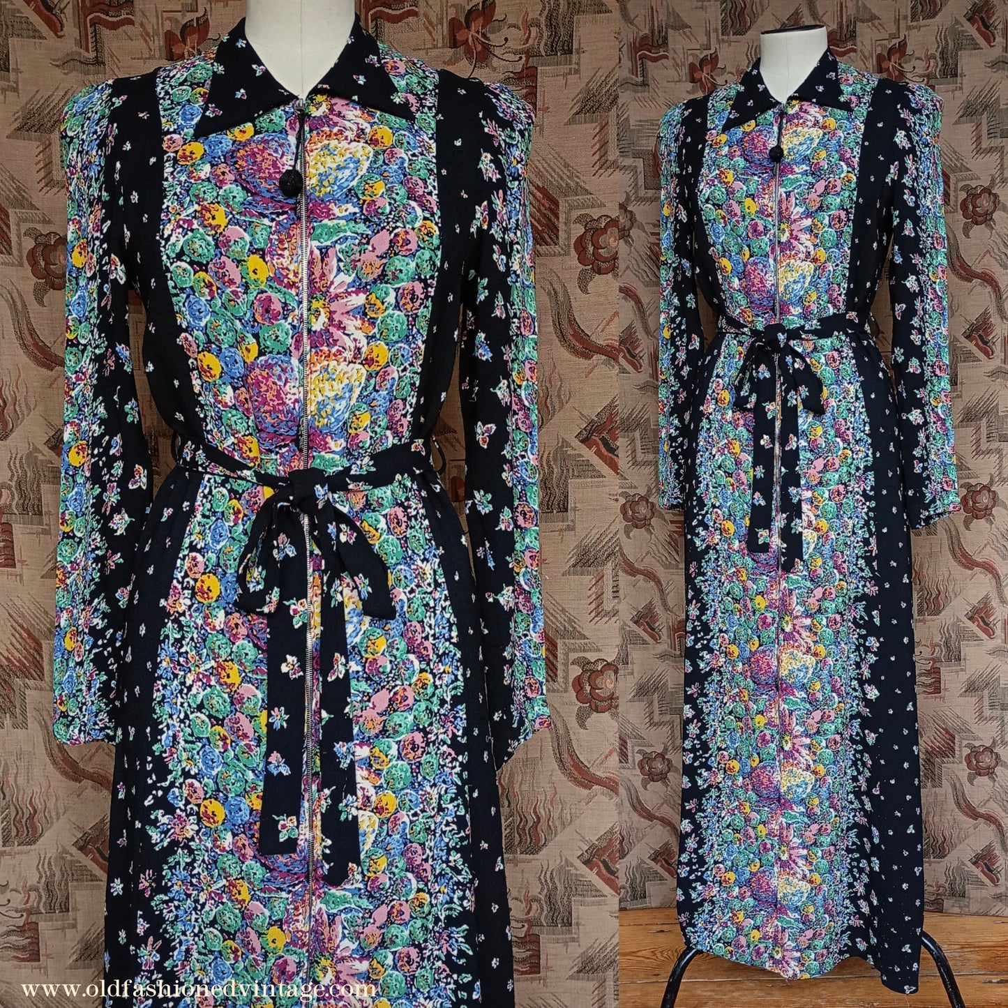Vintage 1930s Crepe Floral Hostess Gown Zip Lounge Dress Housecoat 1940s UK XS