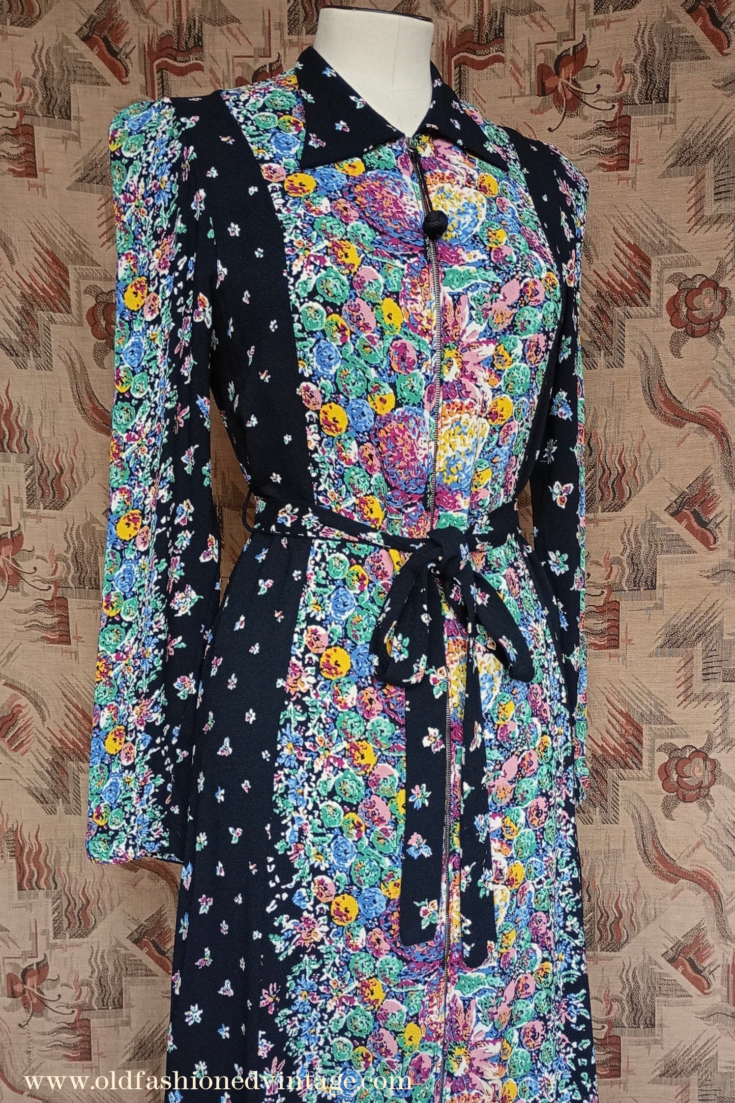 Vintage 1930s Crepe Floral Hostess Gown Zip Lounge Dress Housecoat 1940s UK XS